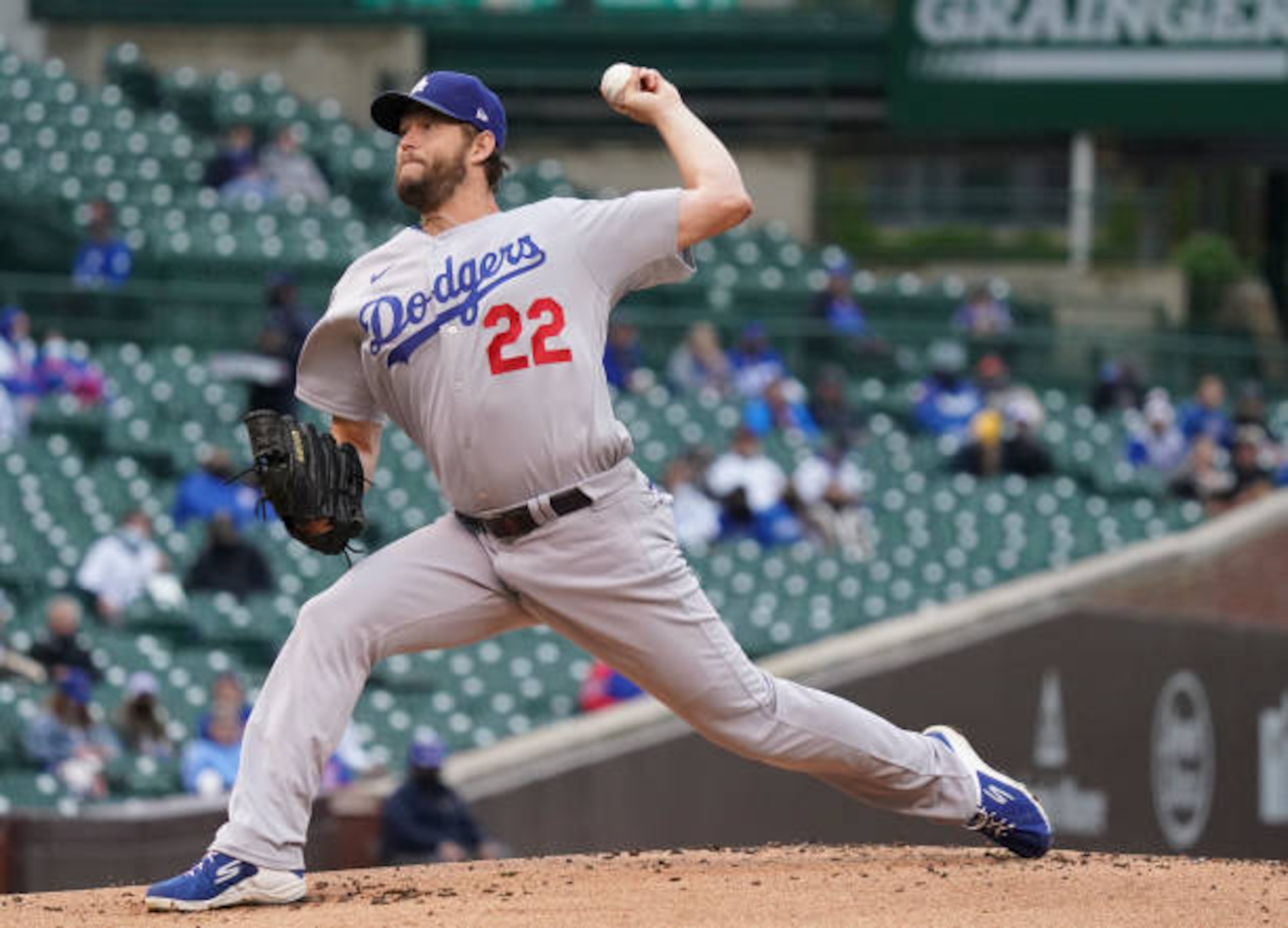 CHICAGO, ILLINOIS - MAY 04: Clayton Kershaw #22 of the Los Angeles Dodgers throws a pitch during the first inning of game one of a doubleheader against the Chicago Cubs at Wrigley Field on May 04, 2021 in Chicago, Illinois. (Photo by Nuccio DiNuzzo/Getty Images)