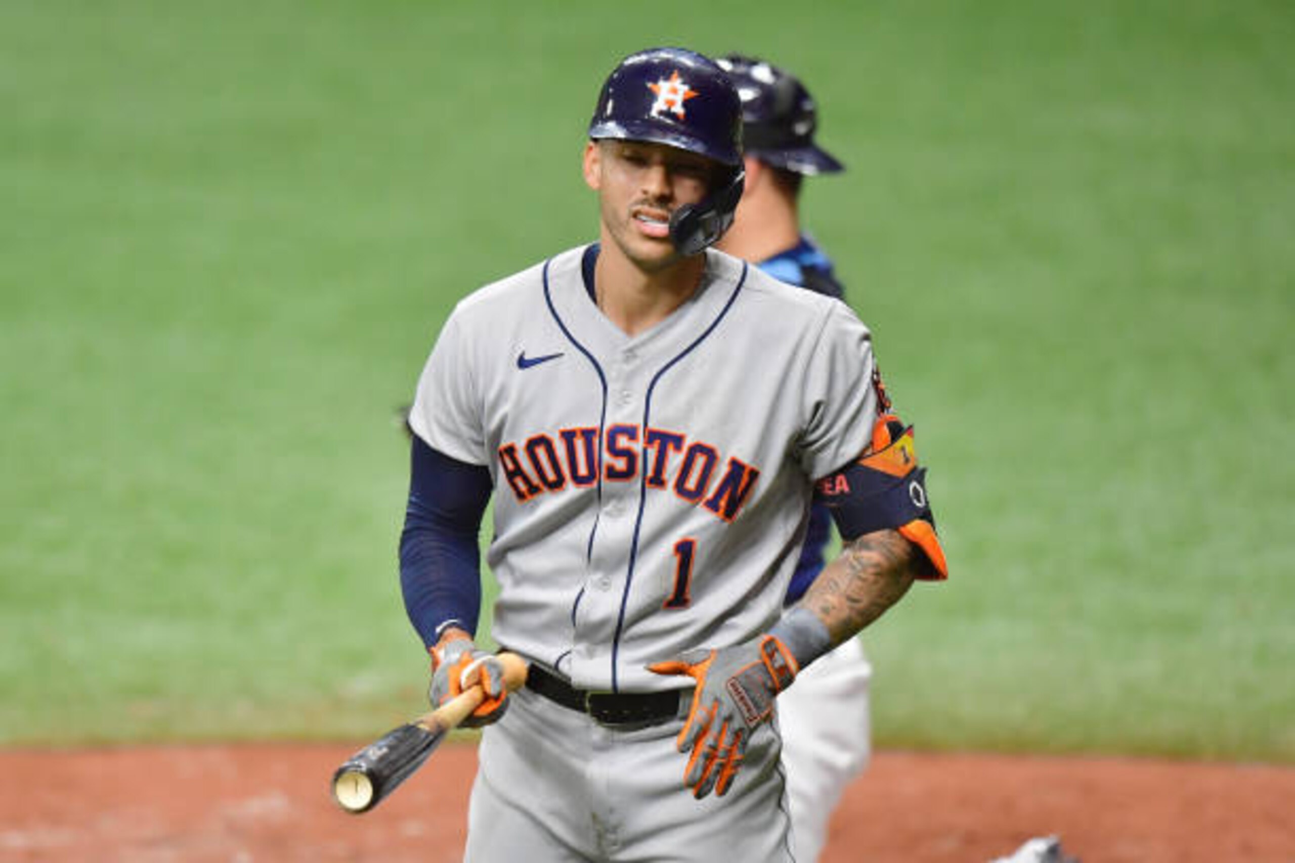 ST PETERSBURG, FLORIDA - MAY 01: Carlos Correa #1 of the Houston Astros reacts to a strike in the eighth inning against the Tampa Bay Rays at Tropicana Field on May 01, 2021 in St Petersburg, Florida. (Photo by Julio Aguilar/Getty Images) ST PETERSBURG, FLORIDA - MAY 01: Carlos Correa #1 of the Houston Astros reacts to a strike in the eighth inning against the Tampa Bay Rays at Tropicana Field on May 01, 2021 in St Petersburg, Florida. (Photo by Julio Aguilar/Getty Images)