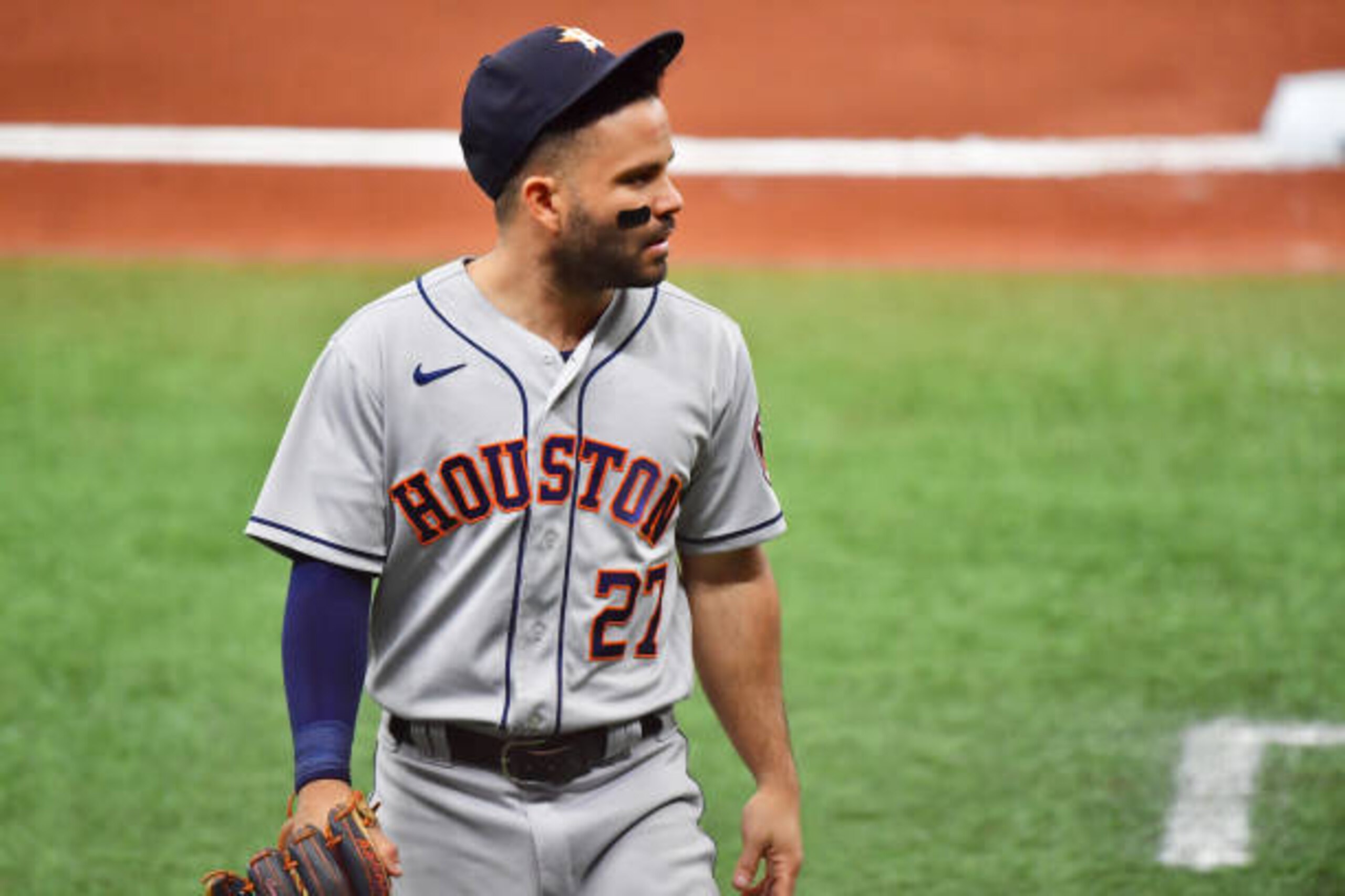 ST PETERSBURG, FLORIDA - MAY 01: Jose Altuve #27 of the Houston Astros walks off the field after the seventh inning against the Tampa Bay Rays at Tropicana Field on May 01, 2021 in St Petersburg, Florida. (Photo by Julio Aguilar/Getty Images)
