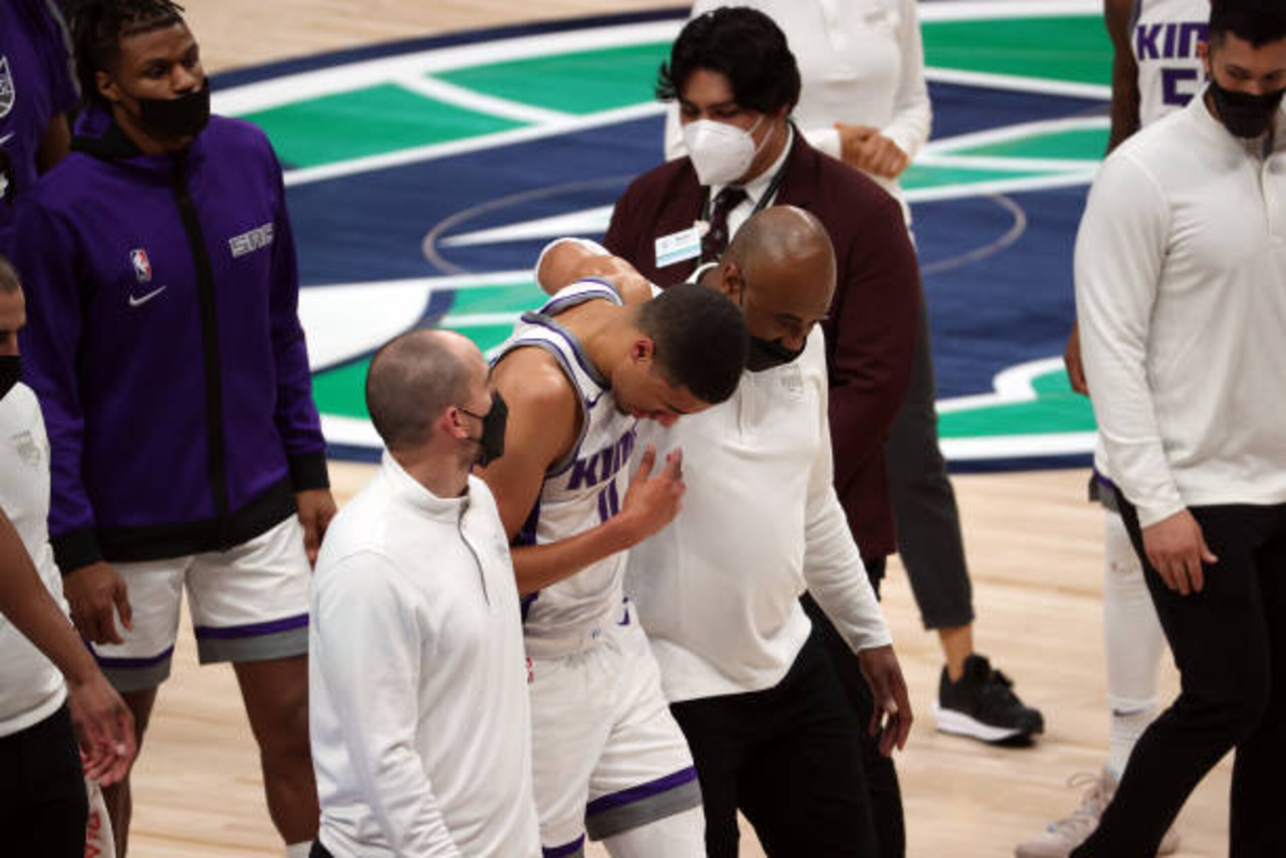 DALLAS, TEXAS - MAY 02:  Tyrese Haliburton #0 of the Sacramento Kings leave the court against the Dallas Mavericks in the third quarter at American Airlines Center on May 02, 2021 in Dallas, Texas.  NOTE TO USER: User expressly acknowledges and agrees that, by downloading and or using this photograph, User is consenting to the terms and conditions of the Getty Images License Agreement. (Photo by Ronald Martinez/Getty Images)