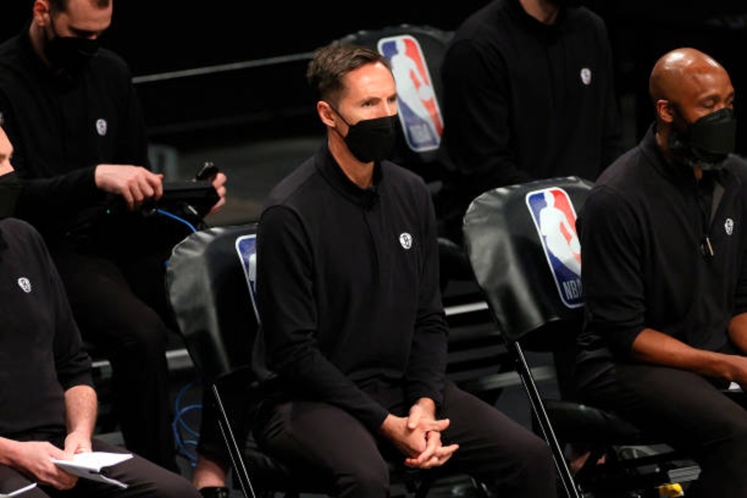 NEW YORK, NEW YORK - APRIL 23: Head coach Steve Nash of the Brooklyn Nets looks on during the first half against the Boston Celtics at Barclays Center on April 23, 2021 in the Brooklyn borough of New York City. NOTE TO USER: User expressly acknowledges and agrees that, by downloading and or using this photograph, User is consenting to the terms and conditions of the Getty Images License Agreement. (Photo by Sarah Stier/Getty Images)