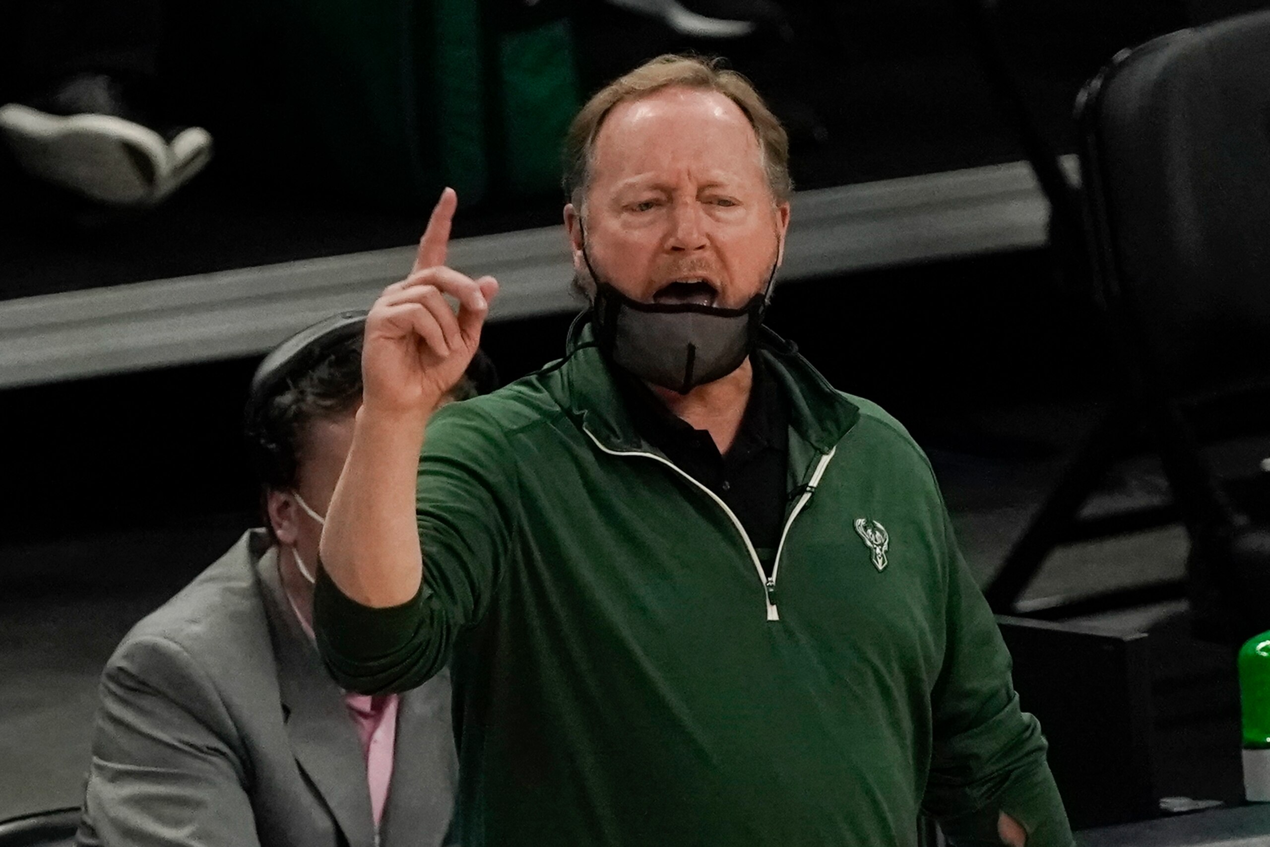 Milwaukee Bucks head coach Mike Budenholzer reacts during the first half of an NBA basketball game Philadelphia 76ers Saturday, April 24, 2021, in Milwaukee. (AP Photo/Morry Gash)