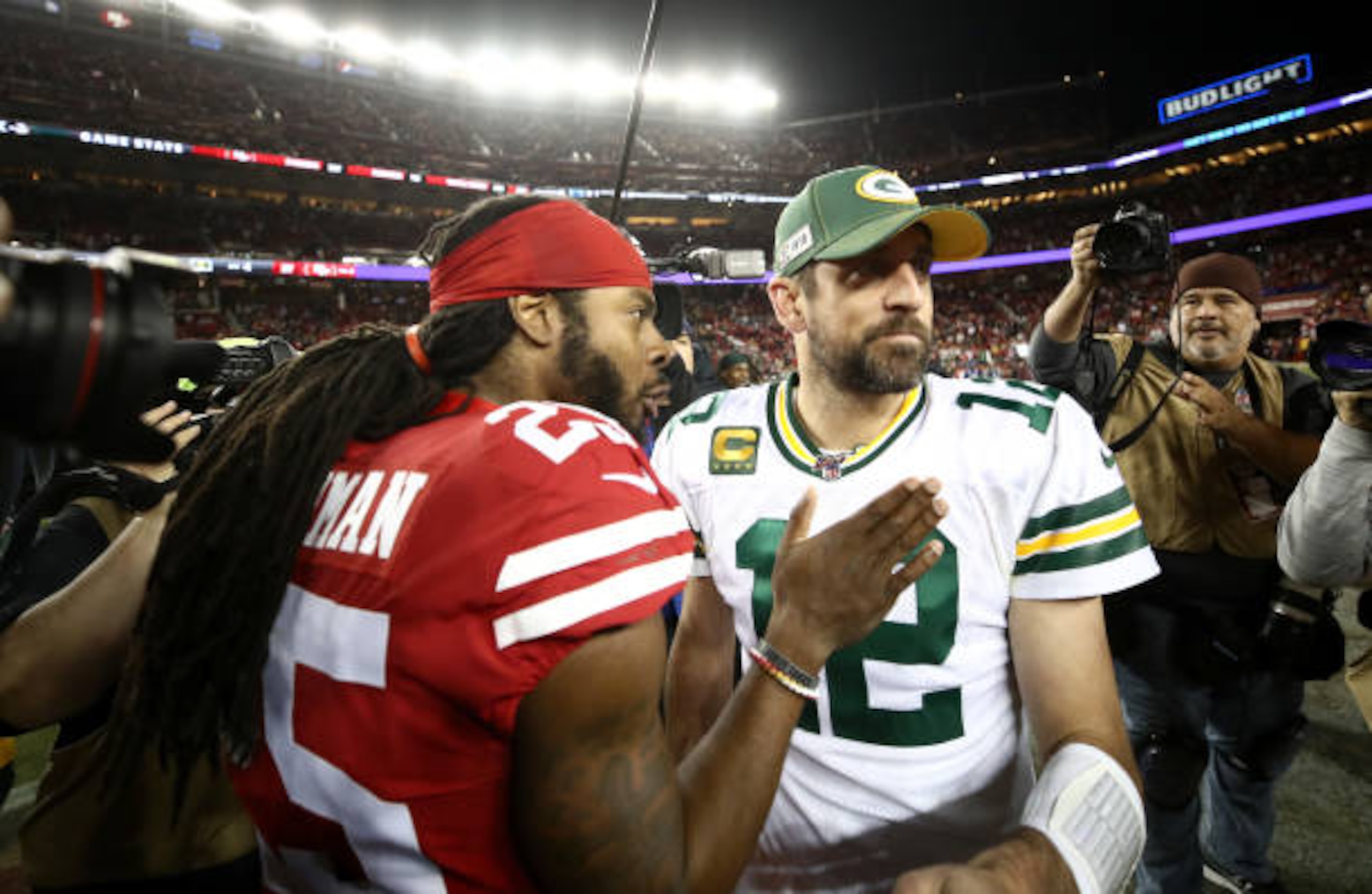 SANTA CLARA, CALIFORNIA - NOVEMBER 24:  Aaron Rodgers #12 of the Green Bay Packers shakes hands with Richard Sherman #25 of the San Francisco 49ers after their game at Levi's Stadium on November 24, 2019 in Santa Clara, California. (Photo by Ezra Shaw/Getty Images)