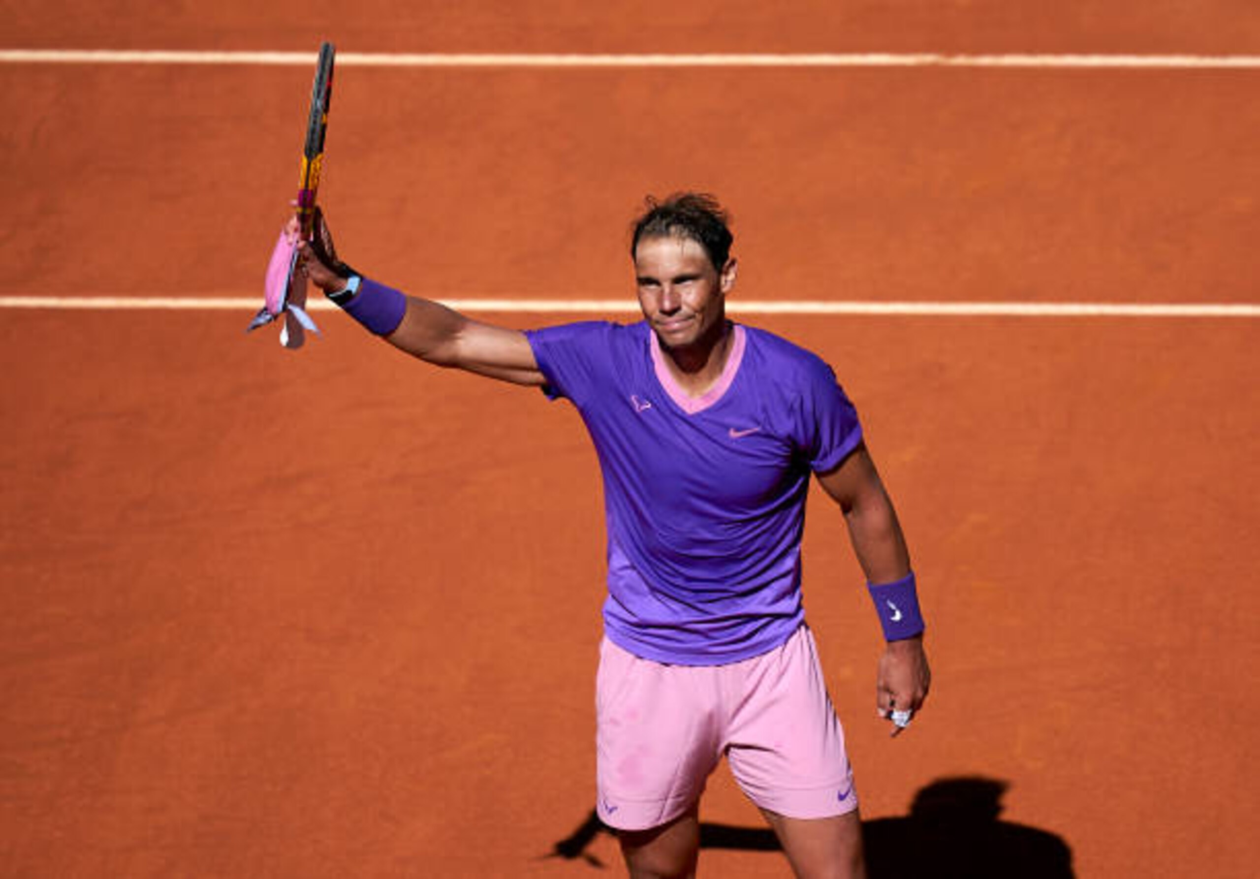MADRID, SPAIN - MAY 05: Rafael Nadal of Spain acknowledges the crowd after winning in his round of 32 match against Carlos Alcaraz of Spain on day seven of the Mutua Madrid Open tennis tournament at La Caja Magica on May 05, 2021 in Madrid, Spain. (Photo by Mateo Villalba/Quality Sport Images/Getty Images)