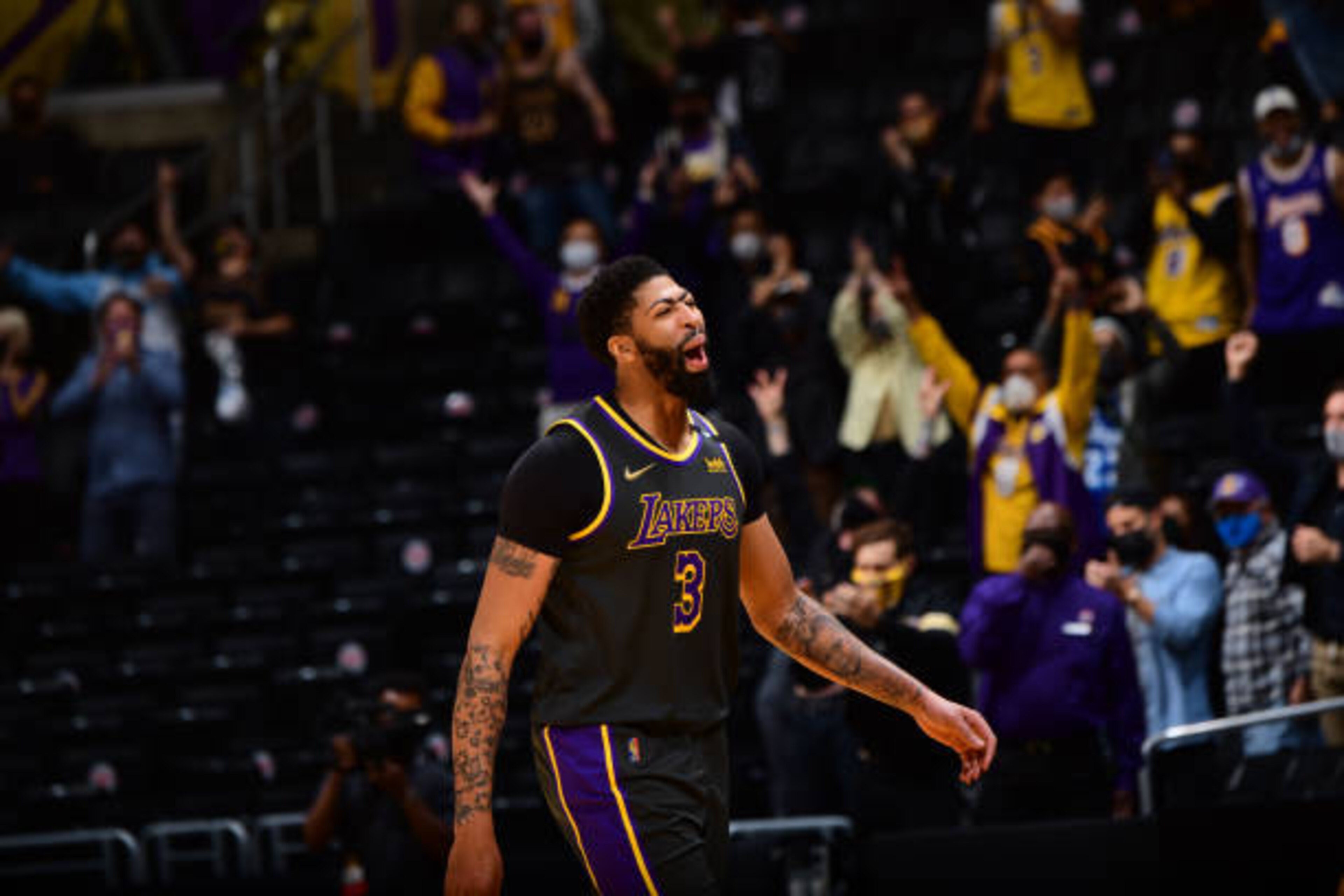 LOS ANGELES, CA - MAY 3: Anthony Davis #3 of the Los Angeles Lakers celebrates during the game against the Denver Nuggets on May 3, 2021 at STAPLES Center in Los Angeles, California. NOTE TO USER: User expressly acknowledges and agrees that, by downloading and/or using this Photograph, user is consenting to the terms and conditions of the Getty Images License Agreement. Mandatory Copyright Notice: Copyright 2021 NBAE (Photo by Adam Pantozzi/NBAE via Getty Images) LOS ANGELES, CA - MAY 3: Anthony Davis #3 of the Los Angeles Lakers celebrates during the game against the Denver Nuggets on May 3, 2021 at STAPLES Center in Los Angeles, California. NOTE TO USER: User expressly acknowledges and agrees that, by downloading and/or using this Photograph, user is consenting to the terms and conditions of the Getty Images License Agreement. Mandatory Copyright Notice: Copyright 2021 NBAE (Photo by Adam Pantozzi/NBAE via Getty Images)