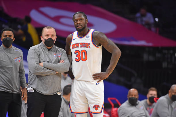 PHILADELPHIA, PA - MARCH 16: Head Coach Tom Thibodeau of the New York Knicks and Julius Randle #30 of the New York Knicks talk during a game on March 16, 2021 at Wells Fargo Center in Philadelphia, Pennsylvania. NOTE TO USER: User expressly acknowledges and agrees that, by downloading and/or using this Photograph, user is consenting to the terms and conditions of the Getty Images License Agreement. Mandatory Copyright Notice: Copyright 2021 NBAE (Photo by Jesse D. Garrabrant/NBAE via Getty Images)