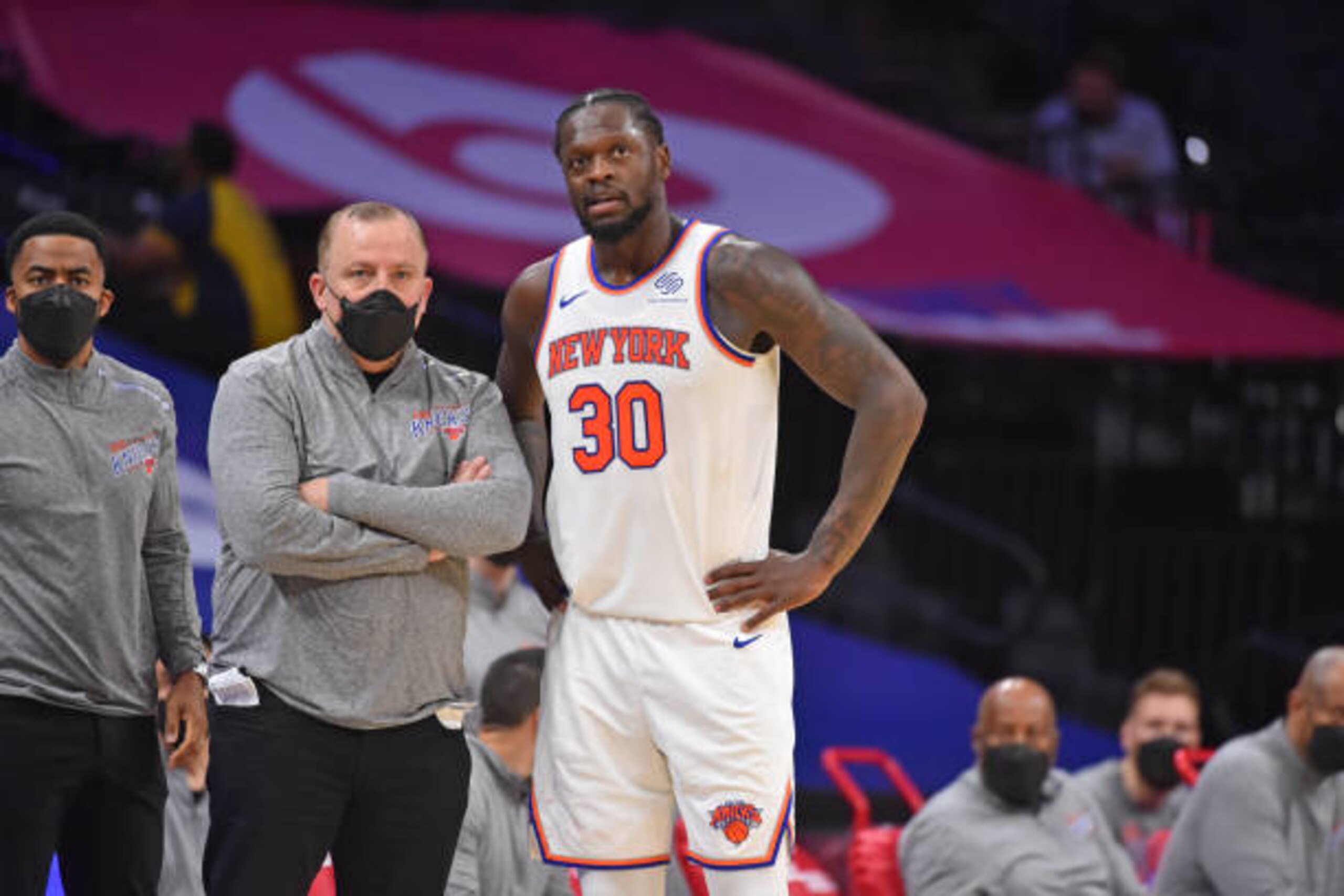 PHILADELPHIA, PA - MARCH 16: Head Coach Tom Thibodeau of the New York Knicks and Julius Randle #30 of the New York Knicks talk during a game on March 16, 2021 at Wells Fargo Center in Philadelphia, Pennsylvania. NOTE TO USER: User expressly acknowledges and agrees that, by downloading and/or using this Photograph, user is consenting to the terms and conditions of the Getty Images License Agreement. Mandatory Copyright Notice: Copyright 2021 NBAE (Photo by Jesse D. Garrabrant/NBAE via Getty Images) PHILADELPHIA, PA - MARCH 16: Head Coach Tom Thibodeau of the New York Knicks and Julius Randle #30 of the New York Knicks talk during a game on March 16, 2021 at Wells Fargo Center in Philadelphia, Pennsylvania. NOTE TO USER: User expressly acknowledges and agrees that, by downloading and/or using this Photograph, user is consenting to the terms and conditions of the Getty Images License Agreement. Mandatory Copyright Notice: Copyright 2021 NBAE (Photo by Jesse D. Garrabrant/NBAE via Getty Images)