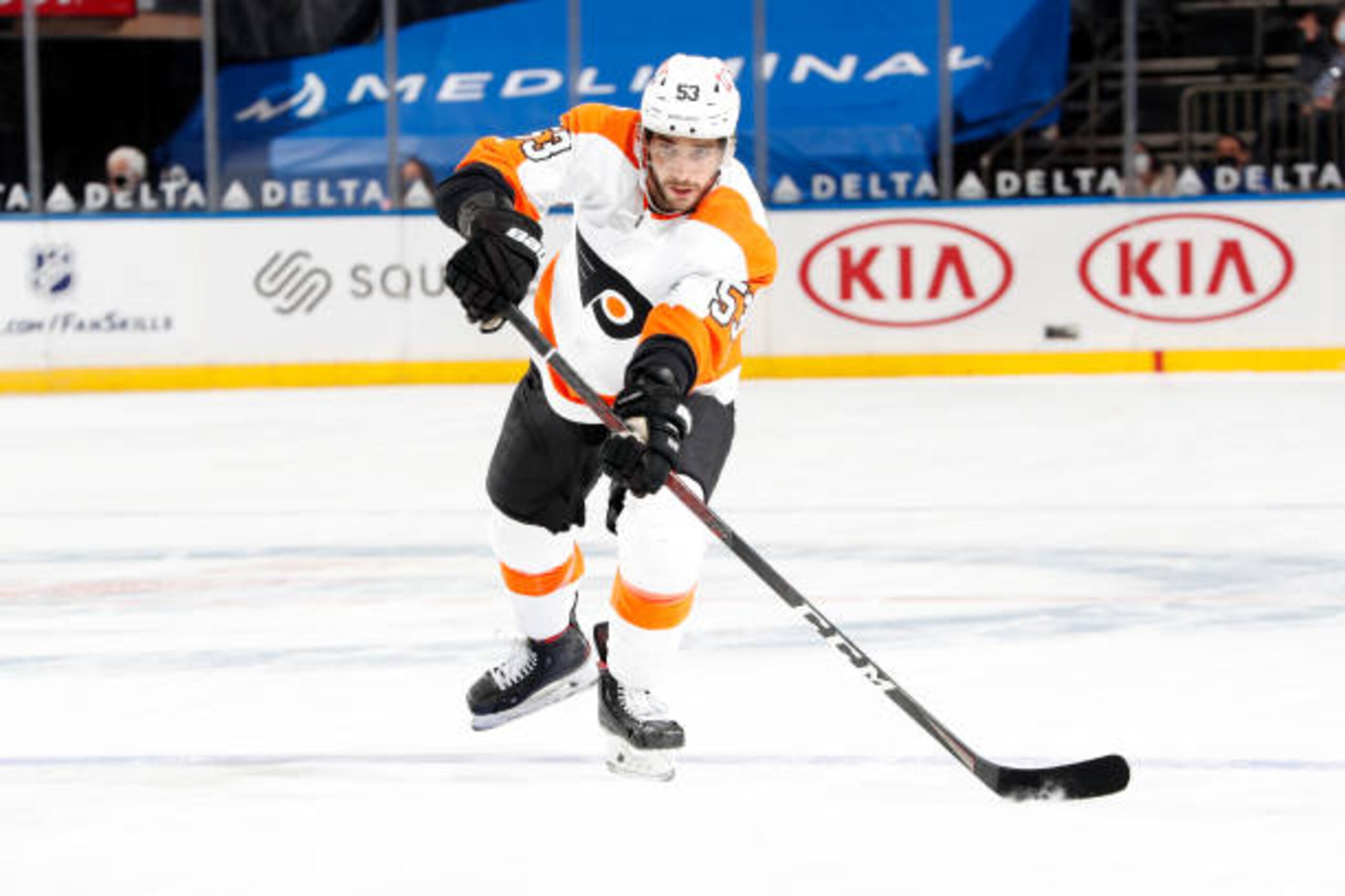 NEW YORK, NY - APRIL 23:  Shayne Gostisbehere #53 of the Philadelphia Flyers skates with the puck against the New York Rangers at Madison Square Garden on April 23, 2021 in New York City. (Photo by Jared Silber/NHLI via Getty Images)