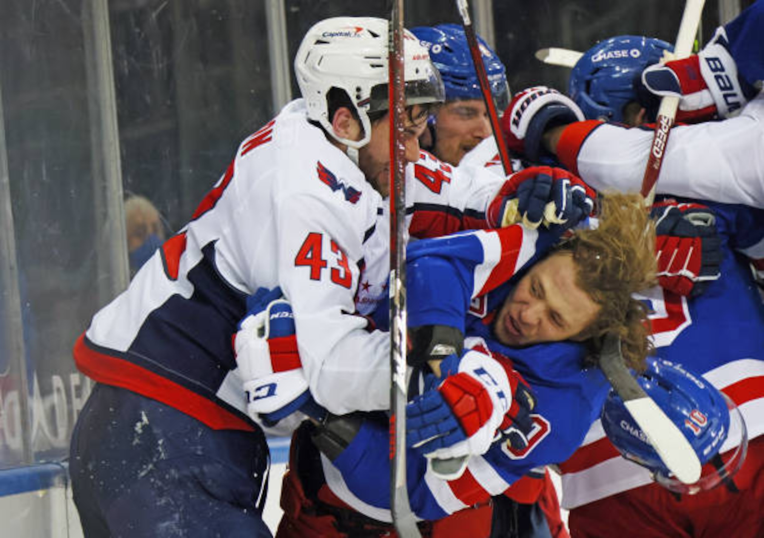 NEW YORK, NEW YORK - MAY 03: Tom Wilson #43 of the Washington Capitals takes a roughing penalty during the second period against Artemi Panarin #10 of the New York Rangers at Madison Square Garden on May 03, 2021 in New York City. (Photo by Bruce Bennett/Getty Images) NEW YORK, NEW YORK - MAY 03: Tom Wilson #43 of the Washington Capitals takes a roughing penalty during the second period against Artemi Panarin #10 of the New York Rangers at Madison Square Garden on May 03, 2021 in New York City. (Photo by Bruce Bennett/Getty Images)