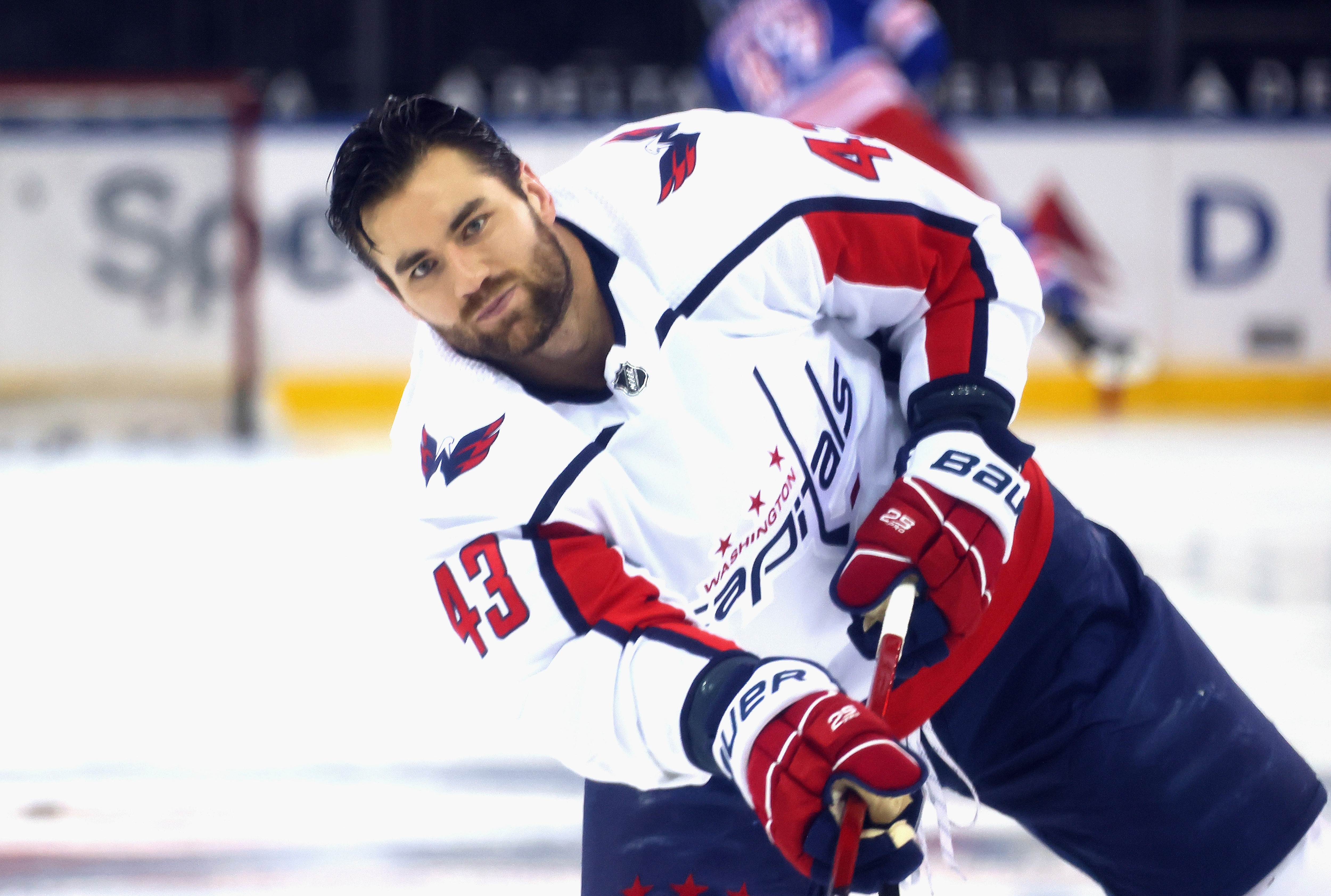 Washington Capitals' Tom Wilson skates as players warm up for an NHL hockey game between the Capitals and the New York Rangers on Wednesday, May 5, 2021, in New York. (Bruce Bennett/Pool Photo via AP)