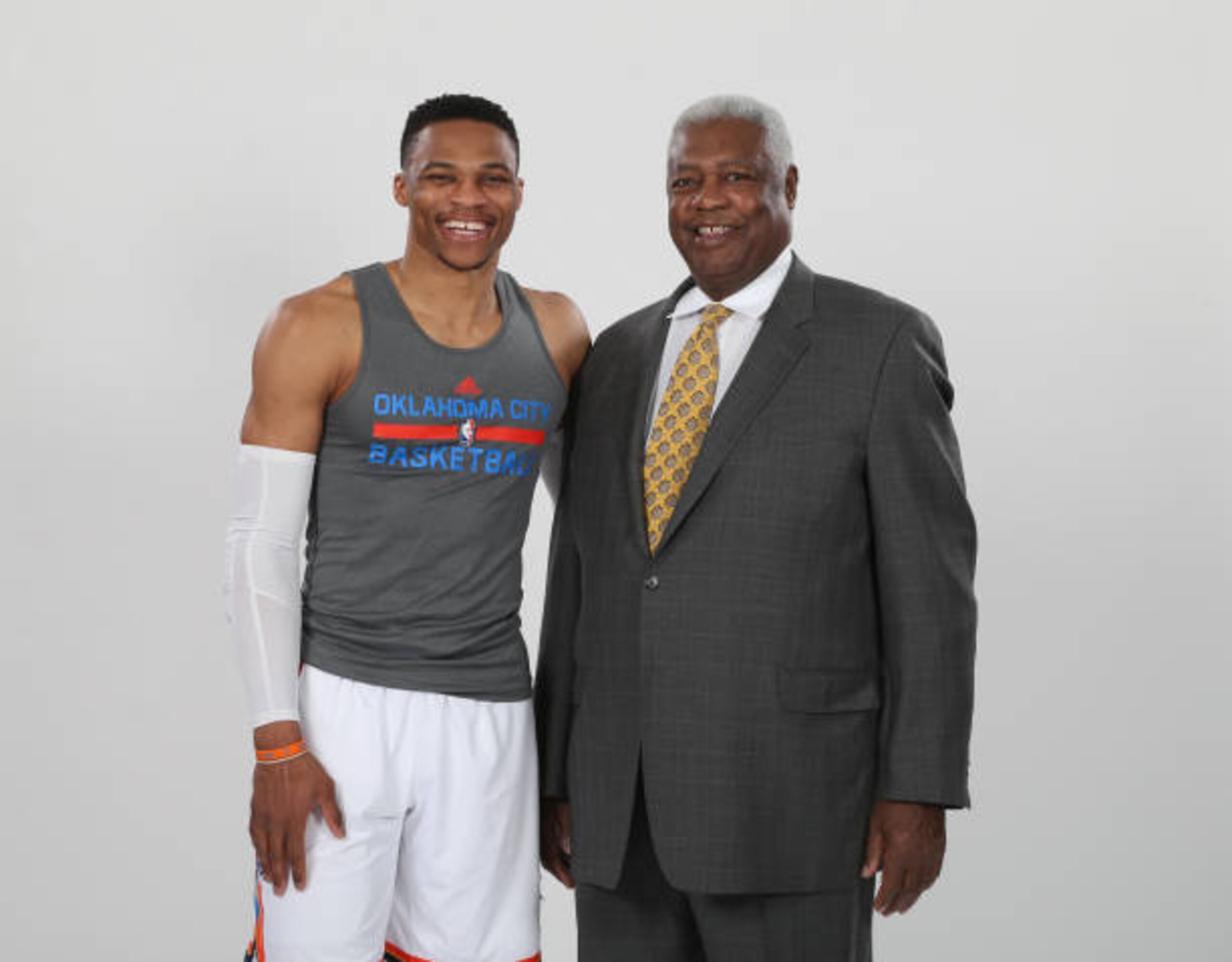OKLAHOMA CITY, OK - APRIL 12: Russell Westbrook #0 of the Oklahoma City Thunder poses for a photo with NBA Legend Oscar Robertson on April 12, 2017 at Chesapeake Energy Arena in Oklahoma City, OK. NOTE TO USER: User expressly acknowledges and agrees that, by downloading and/or using this photograph, user is consenting to the terms and conditions of the Getty Images License Agreement. Mandatory Copyright Notice: Copyright 2017 NBAE (Photo by Layne Murdoch/NBAE via Getty Images) OKLAHOMA CITY, OK - APRIL 12: Russell Westbrook #0 of the Oklahoma City Thunder poses for a photo with NBA Legend Oscar Robertson on April 12, 2017 at Chesapeake Energy Arena in Oklahoma City, OK. NOTE TO USER: User expressly acknowledges and agrees that, by downloading and/or using this photograph, user is consenting to the terms and conditions of the Getty Images License Agreement. Mandatory Copyright Notice: Copyright 2017 NBAE (Photo by Layne Murdoch/NBAE via Getty Images)