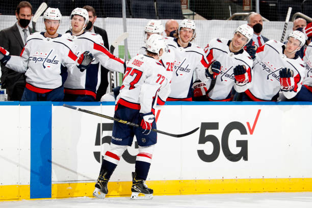 NEW YORK, NY - MAY 05:  T.J. Oshie #77 of the Washington Capitals celebrates after scoring a goal in the second period against the New York Rangers at Madison Square Garden on May 5, 2021 in New York City. (Photo by Jared Silber/NHLI via Getty Images)