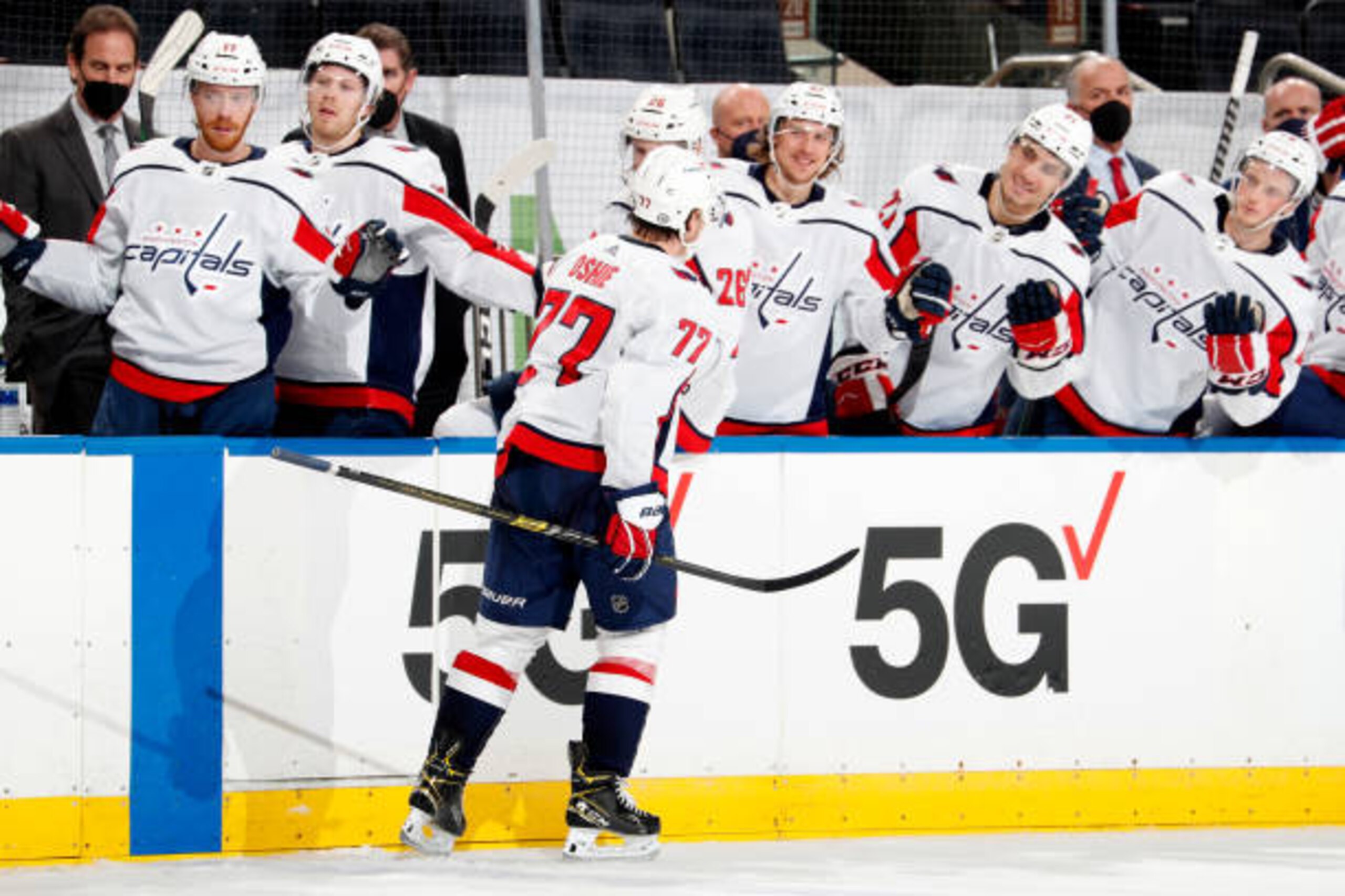 NEW YORK, NY - MAY 05:  T.J. Oshie #77 of the Washington Capitals celebrates after scoring a goal in the second period against the New York Rangers at Madison Square Garden on May 5, 2021 in New York City. (Photo by Jared Silber/NHLI via Getty Images)