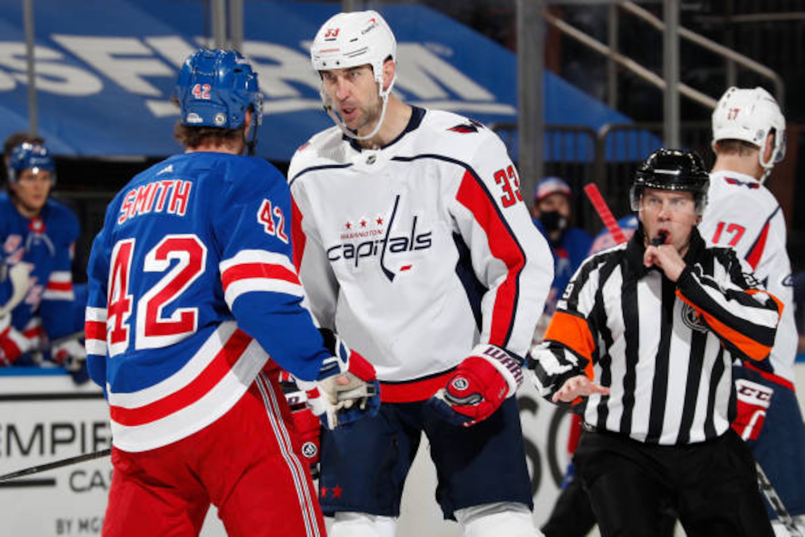 NEW YORK, NY - MAY 05: Zdeno Chara #33 of the Washington Capitals exchanges words with Brendan Smith #42 of the New York Rangers at Madison Square Garden on May 5, 2021 in New York City. (Photo by Jared Silber/NHLI via Getty Images) NEW YORK, NY - MAY 05: Zdeno Chara #33 of the Washington Capitals exchanges words with Brendan Smith #42 of the New York Rangers at Madison Square Garden on May 5, 2021 in New York City. (Photo by Jared Silber/NHLI via Getty Images)