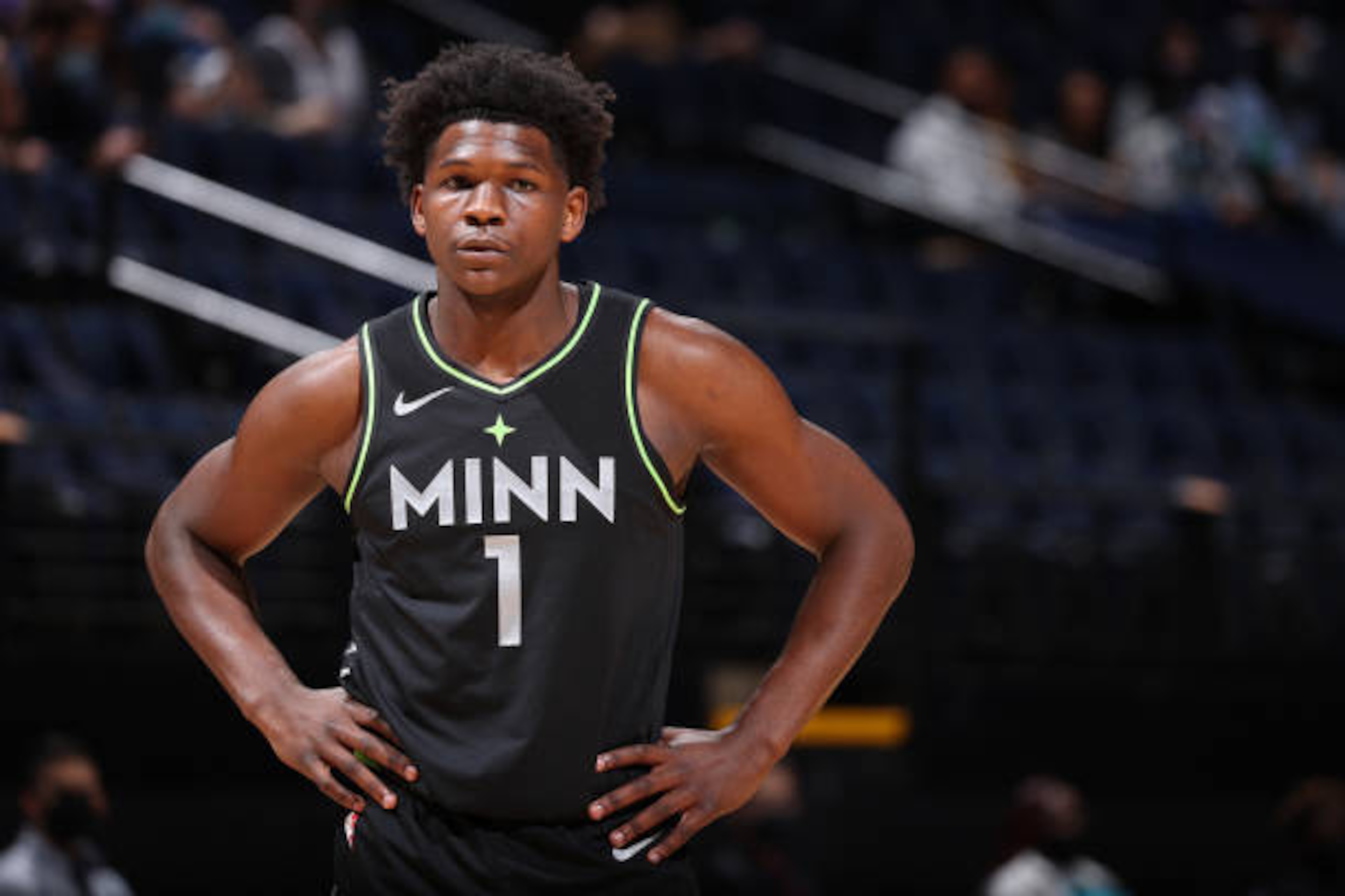 MINNEAPOLIS, MN - MAY 5: Anthony Edwards #1 of the Minnesota Timberwolves looks on against the Memphis Grizzlies on May 5, 2021 at Target Center in Minneapolis, Minnesota. NOTE TO USER: User expressly acknowledges and agrees that, by downloading and or using this Photograph, user is consenting to the terms and conditions of the Getty Images License Agreement. Mandatory Copyright Notice: Copyright 2021 NBAE (Photo by David Sherman/NBAE via Getty Images) MINNEAPOLIS, MN - MAY 5: Anthony Edwards #1 of the Minnesota Timberwolves looks on against the Memphis Grizzlies on May 5, 2021 at Target Center in Minneapolis, Minnesota. NOTE TO USER: User expressly acknowledges and agrees that, by downloading and or using this Photograph, user is consenting to the terms and conditions of the Getty Images License Agreement. Mandatory Copyright Notice: Copyright 2021 NBAE (Photo by David Sherman/NBAE via Getty Images)