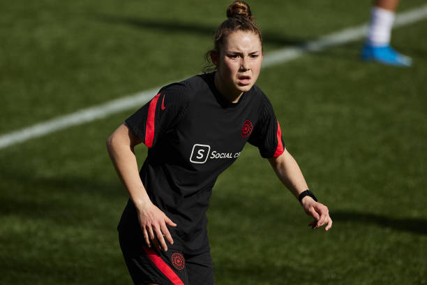 PORTLAND, OR - MARCH 27: Olivia Moultrie #42 of the Portland Thorns during a game between OL Reign and Portland Thorns FC at Providence Park on March 27, 2021 in Portland, Oregon. (Photo by Craig Mitchelldyer/ISI Photos/Getty Images)