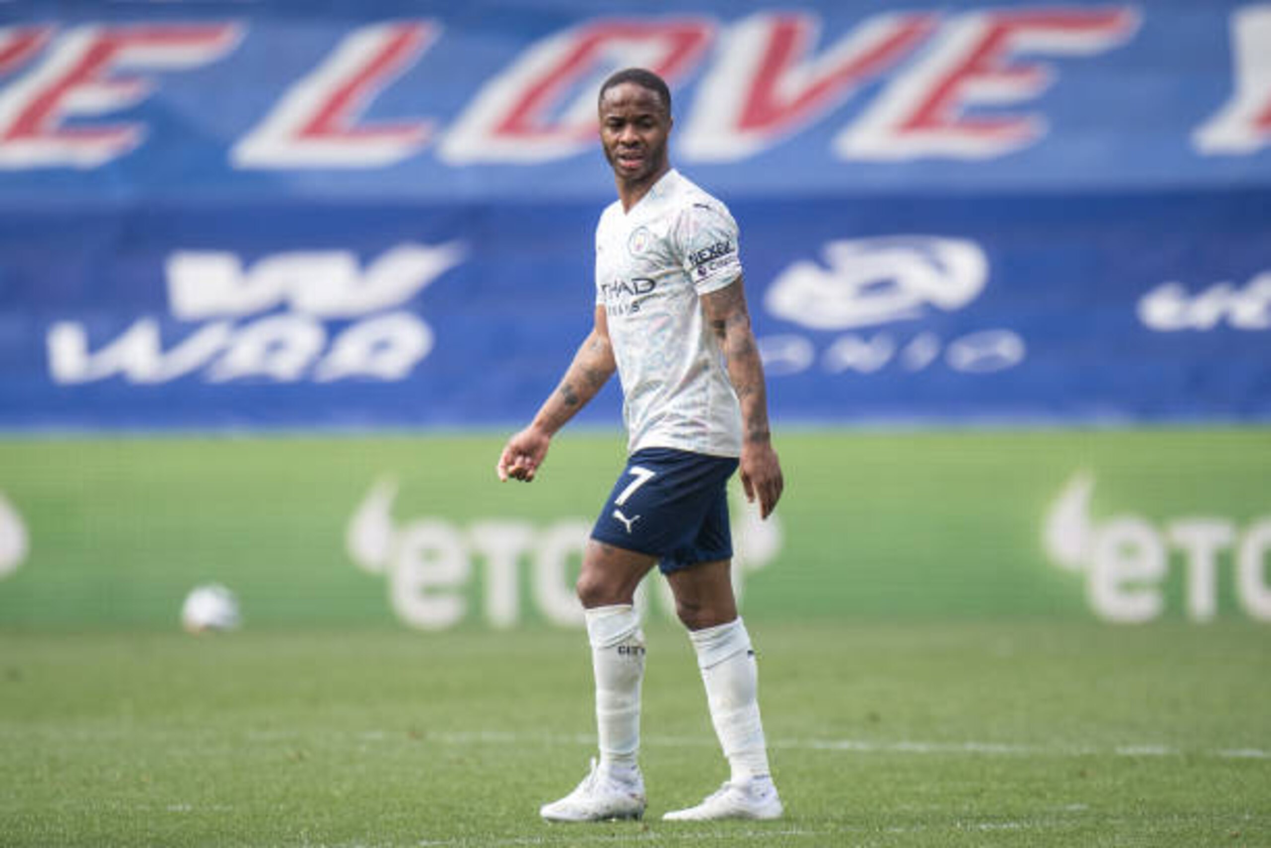 LONDON, ENGLAND - MAY 01: Raheem Sterling of Manchester City during the Premier League match between Crystal Palace and Manchester City at Selhurst Park on May 1, 2021 in London, United Kingdom. Sporting stadiums around the UK remain under strict restrictions due to the Coronavirus Pandemic as Government social distancing laws prohibit fans inside venues resulting in games being played behind closed doors. (Photo by Sebastian Frej/MB Media/Getty Images)