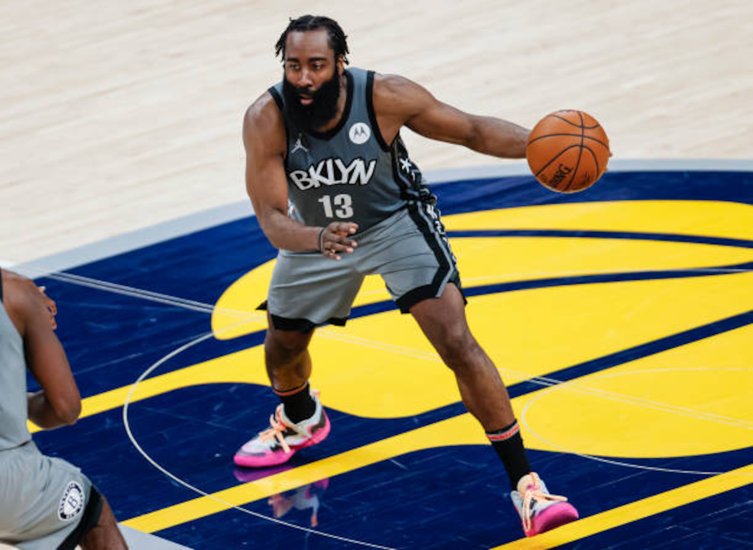 INDIANAPOLIS, IN - MARCH 17: James Harden #13 of the Brooklyn Nets dribbles the ball against the Indiana Pacers at Bankers Life Fieldhouse on March 17, 2021 in Indianapolis, Indiana. NOTE TO USER: User expressly acknowledges and agrees that, by downloading and or using this photograph, User is consenting to the terms and conditions of the Getty Images License Agreement.  (Photo by Michael Hickey/Getty Images)