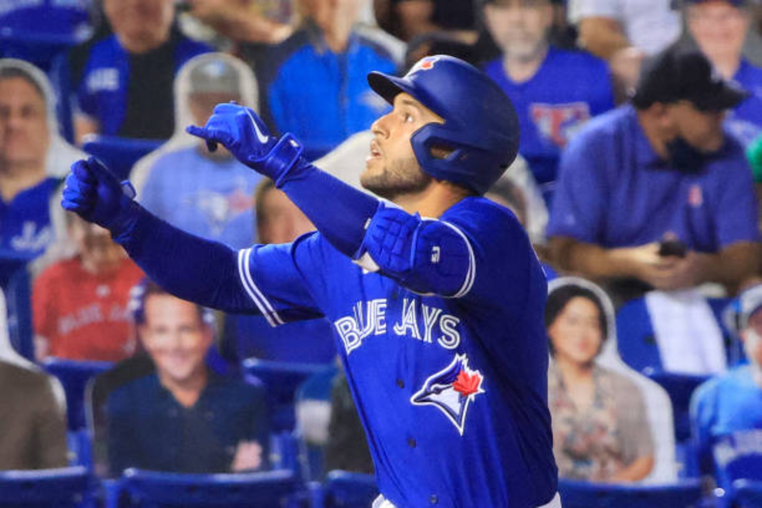 DUNEDIN, FLORIDA - MAY 01: George Springer #4 of the Toronto Blue Jays celebrates a home run in the seventh inning against the Atlanta Braves at TD Ballpark on May 01, 2021 in Dunedin, Florida. (Photo by Sam Greenwood/Getty Images)