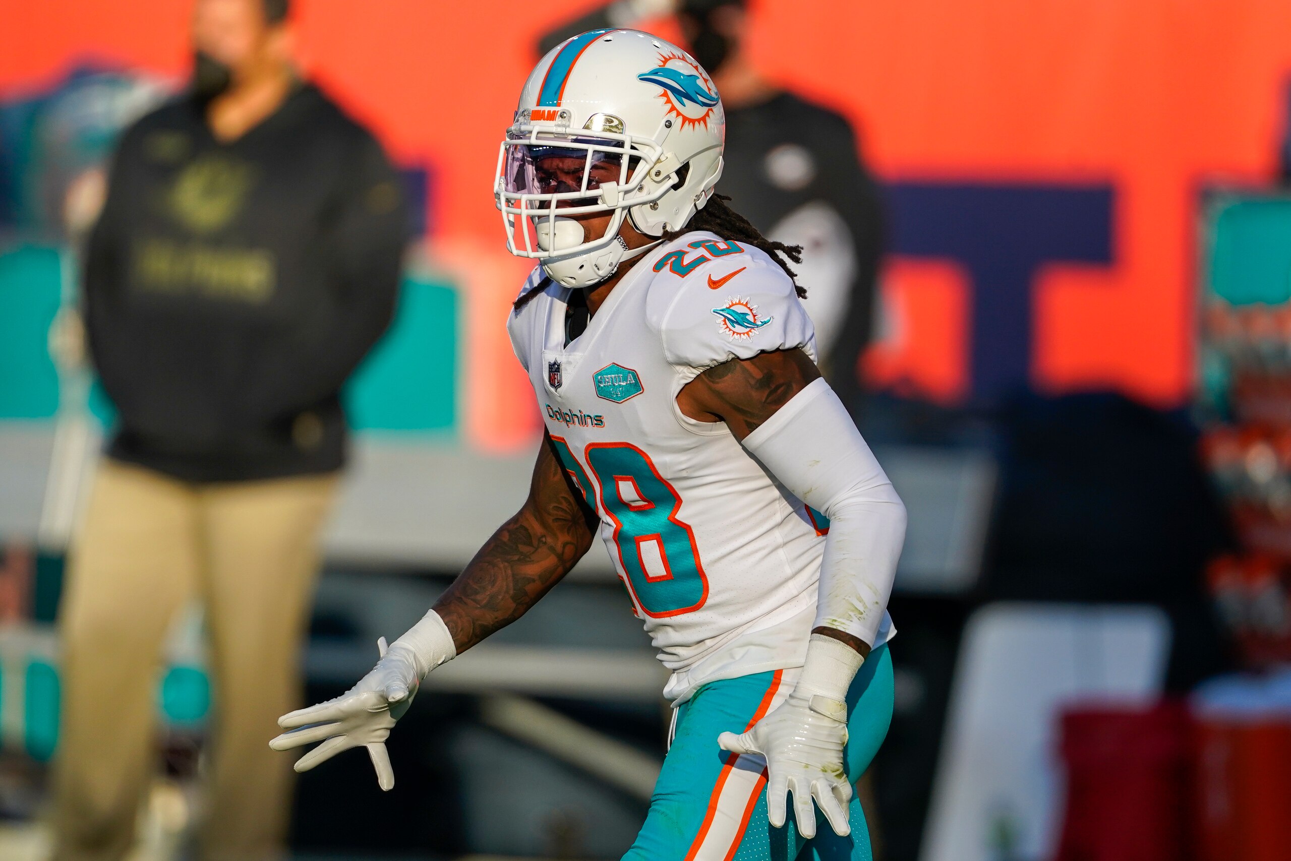 Miami Dolphins strong safety Bobby McCain (28) looks on against the Denver Broncos during an NFL football game Sunday, Nov. 22, 2020, in Denver. (AP Photo/Jack Dempsey)