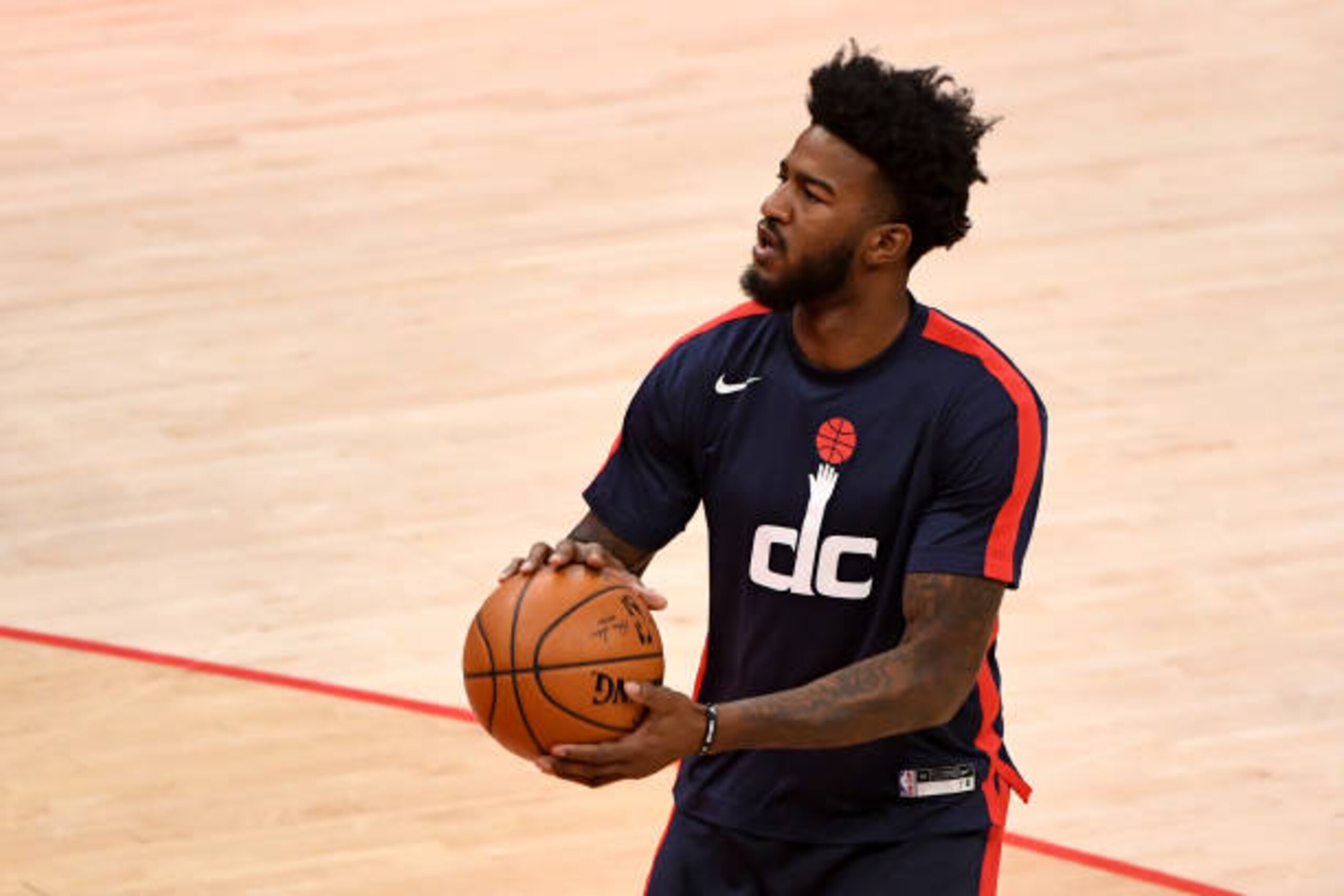 WASHINGTON, DC - APRIL 21: Jordan Bell #7 of the Washington Wizards warms up prior to the game against the Golden State Warriors at Capital One Arena on April 21, 2021 in Washington, DC. NOTE TO USER: User expressly acknowledges and agrees that, by downloading and or using this photograph, User is consenting to the terms and conditions of the Getty Images License Agreement. (Photo by Will Newton/Getty Images)