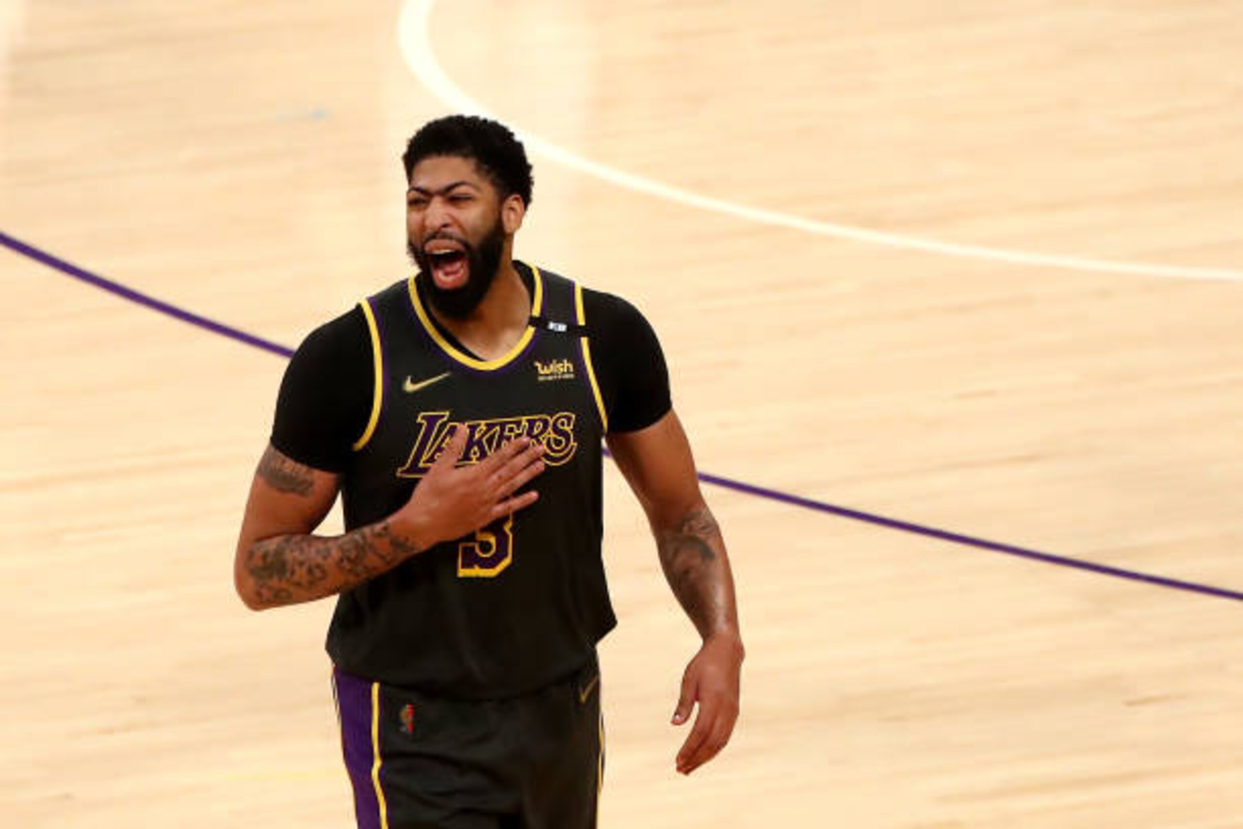 LOS ANGELES, CALIFORNIA - MAY 03: Anthony Davis #3 of the Los Angeles Lakers reacts after blocking a shot by Facundo Campazzo #7 of the Denver Nuggets to win 93-89 at Staples Center on May 03, 2021 in Los Angeles, California. NOTE TO USER: User expressly acknowledges and agrees that, by downloading and or using this photograph, User is consenting to the terms and conditions of the Getty Images License Agreement. (Photo by Katelyn Mulcahy/Getty Images) LOS ANGELES, CALIFORNIA - MAY 03: Anthony Davis #3 of the Los Angeles Lakers reacts after blocking a shot by Facundo Campazzo #7 of the Denver Nuggets to win 93-89 at Staples Center on May 03, 2021 in Los Angeles, California. NOTE TO USER: User expressly acknowledges and agrees that, by downloading and or using this photograph, User is consenting to the terms and conditions of the Getty Images License Agreement. (Photo by Katelyn Mulcahy/Getty Images)