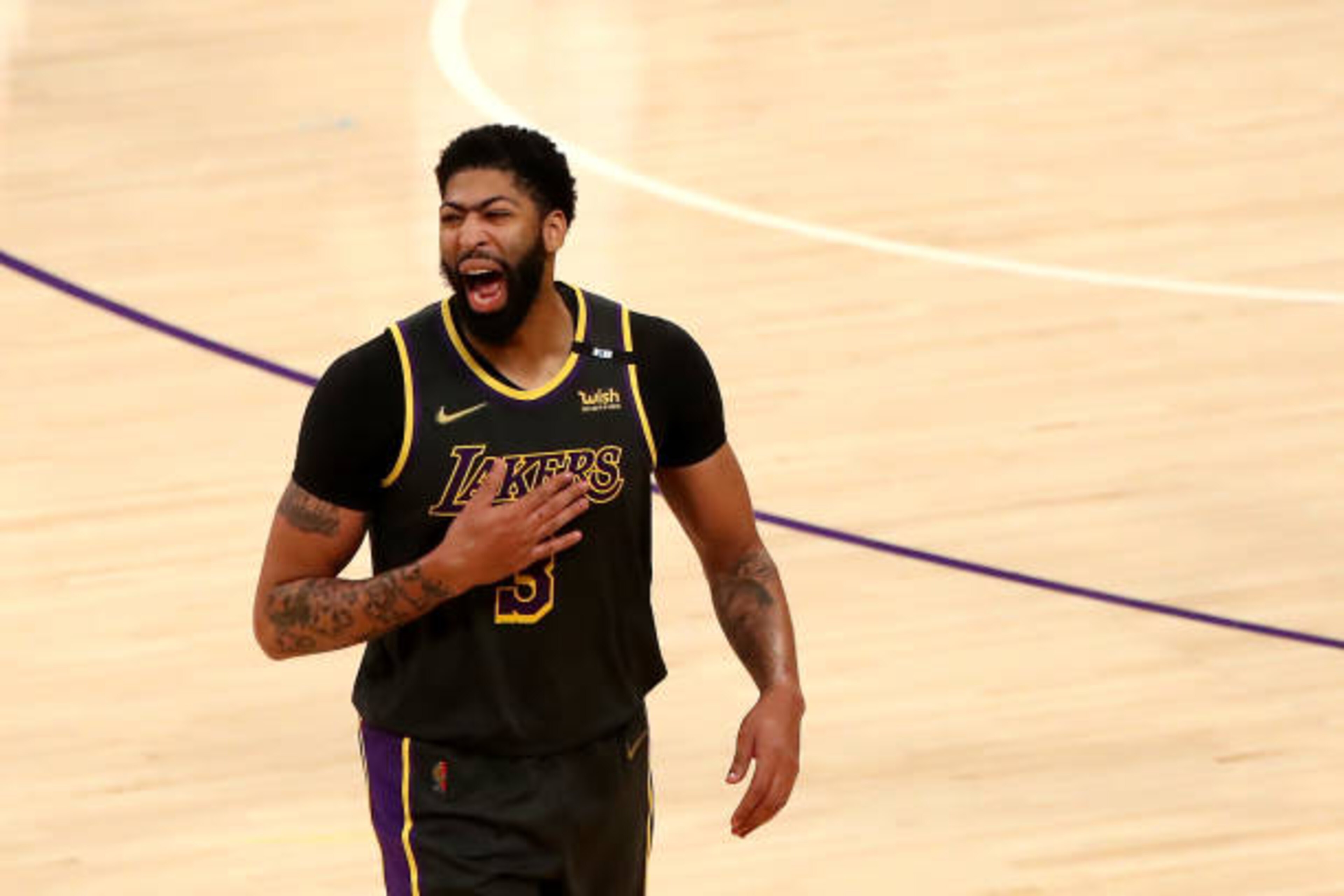 LOS ANGELES, CALIFORNIA - MAY 03: Anthony Davis #3 of the Los Angeles Lakers reacts after blocking a shot by Facundo Campazzo #7 of the Denver Nuggets to win 93-89 at Staples Center on May 03, 2021 in Los Angeles, California. NOTE TO USER: User expressly acknowledges and agrees that, by downloading and or using this photograph, User is consenting to the terms and conditions of the Getty Images License Agreement. (Photo by Katelyn Mulcahy/Getty Images)