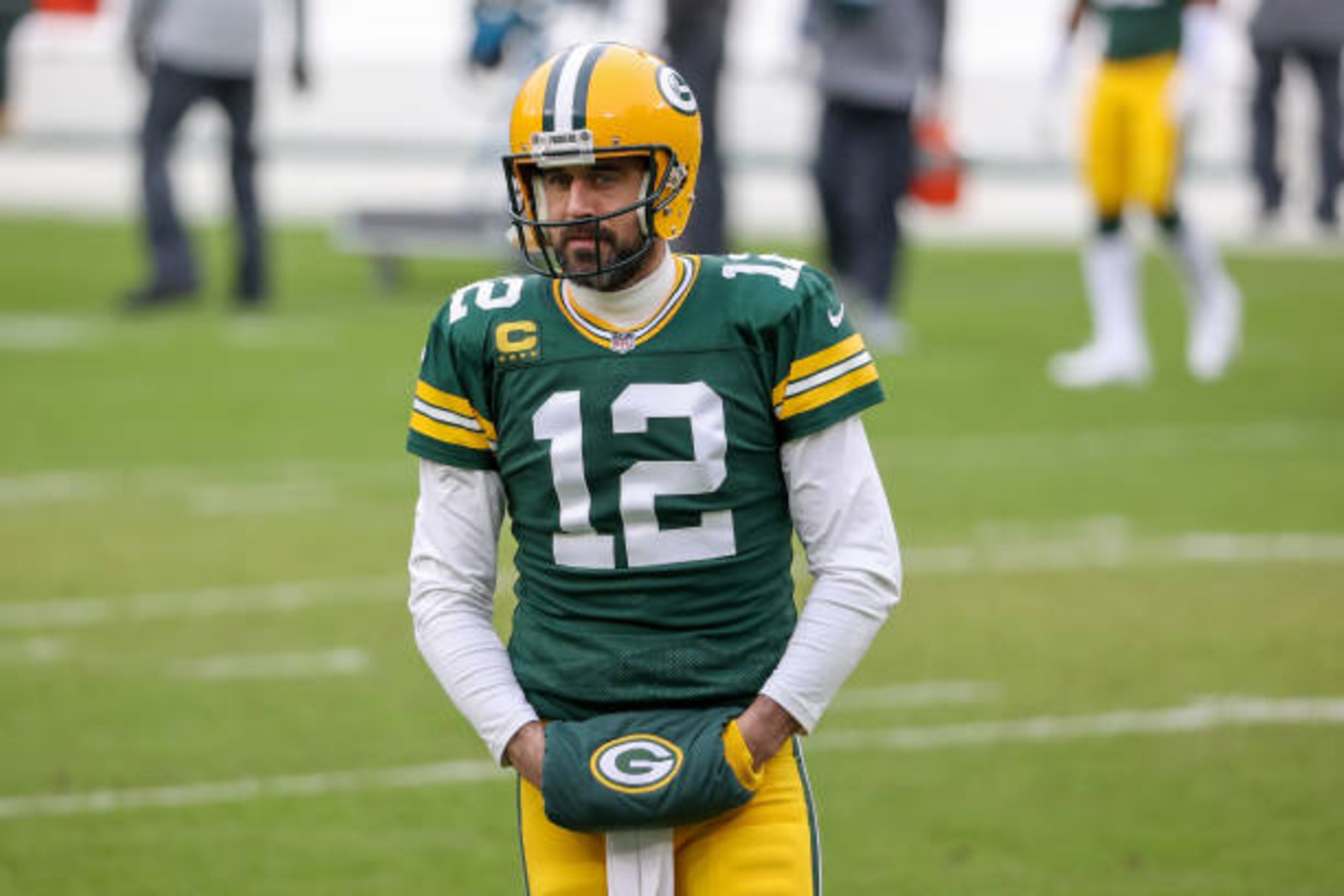 GREEN BAY, WISCONSIN - JANUARY 24: Aaron Rodgers #12 of the Green Bay Packers warms up before the NFC Championship game against the Tampa Bay Buccaneers at Lambeau Field on January 24, 2021 in Green Bay, Wisconsin. (Photo by Dylan Buell/Getty Images) GREEN BAY, WISCONSIN - JANUARY 24: Aaron Rodgers #12 of the Green Bay Packers warms up before the NFC Championship game against the Tampa Bay Buccaneers at Lambeau Field on January 24, 2021 in Green Bay, Wisconsin. (Photo by Dylan Buell/Getty Images)