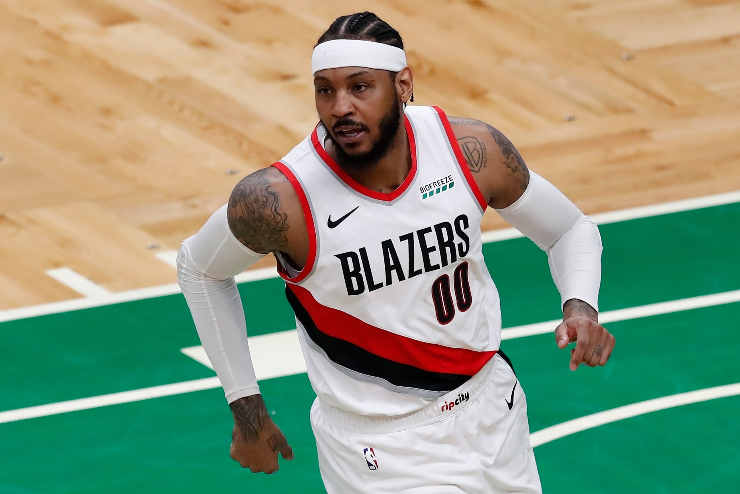Portland Trail Blazers' Carmelo Anthony plays against the Boston Celtics during the second half of an NBA basketball game, Sunday, May 2, 2021, in Boston. (AP Photo/Michael Dwyer)