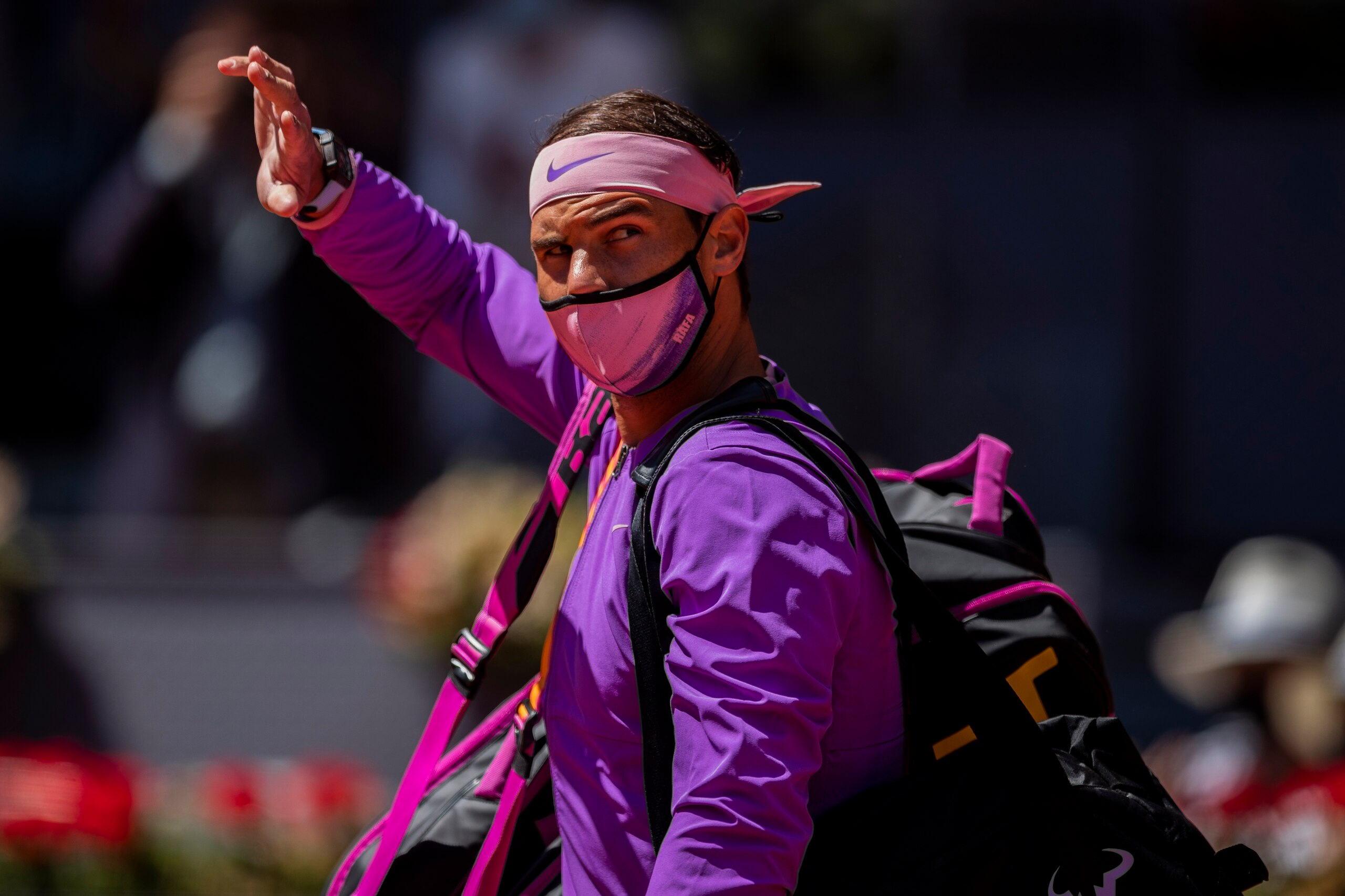 Spain's Rafael Nadal waves to spectators prior his tennis match against Germany's Alexander Zverev at the Mutua Madrid Open tennis tournament in Madrid, Spain, Friday, May 7, 2021. (AP Photo/Bernat Armangue)