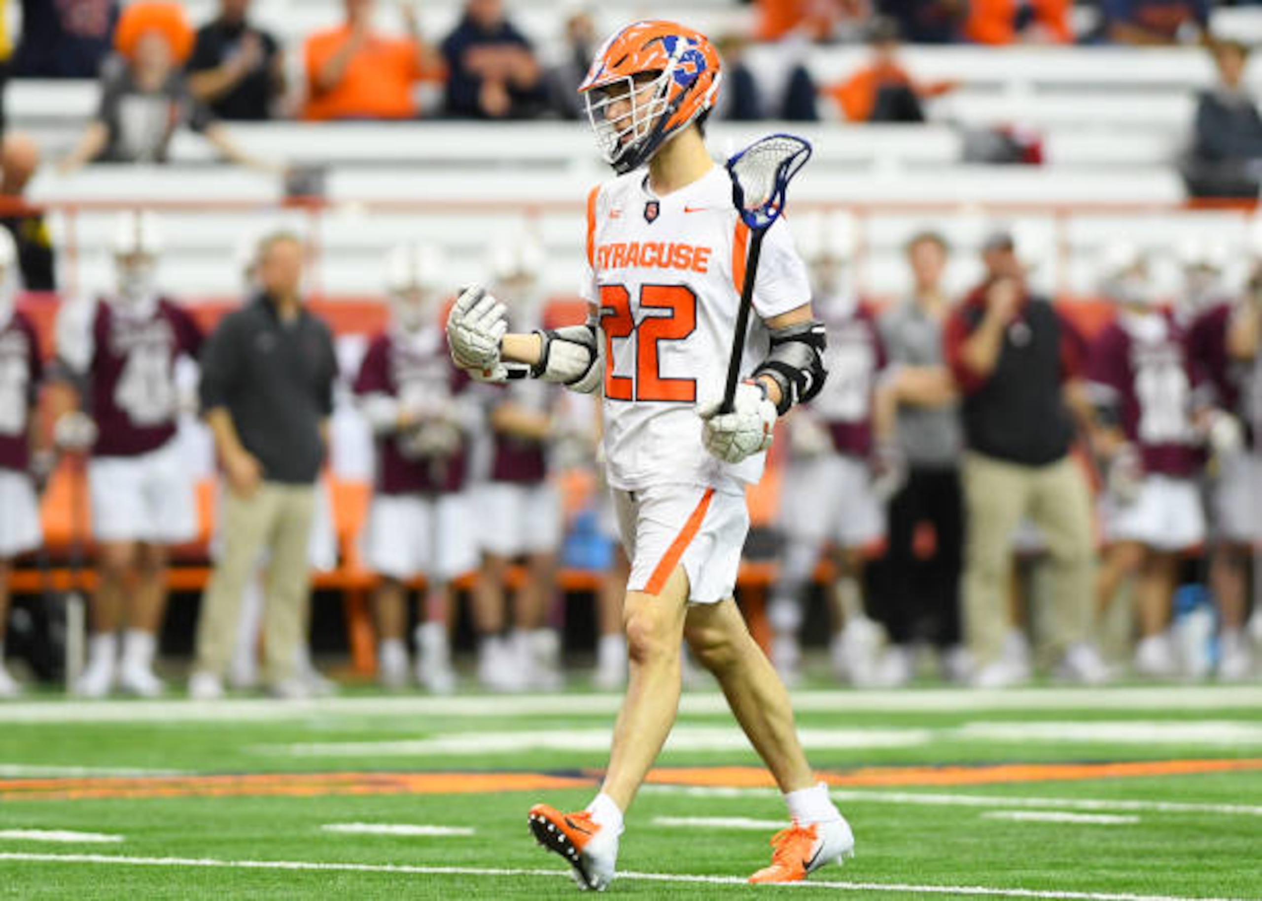 SYRACUSE, NY - FEBRUARY 07:  Chase Scanlan #22 of the Syracuse Orange celebrates a goal against the Colgate Raiders during the second half at the Carrier Dome on February 7, 2020 in Syracuse, New York. (Photo by Rich Barnes/Getty Images)