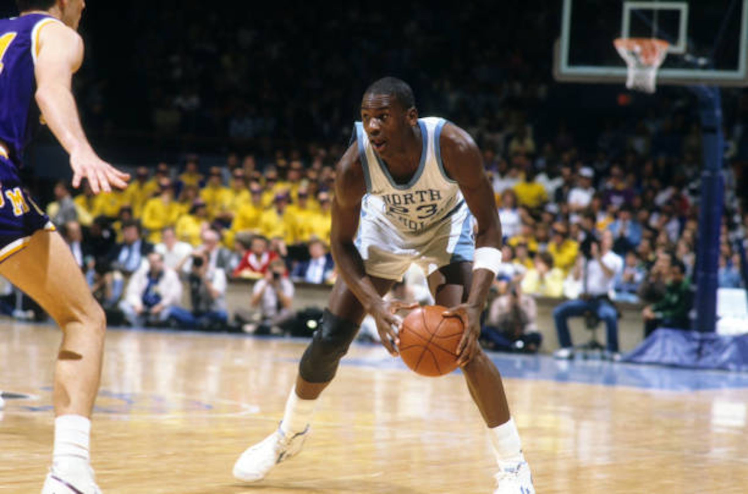College Basketball: NCAA Playoffs: North Carolina Michael Jordan (23) in action vs James Madison at Greensboro Coliseum.
Greensboro, NC 3/19/1983
CREDIT: Manny Millan (Photo by Manny Millan /Sports Illustrated via Getty Images/Getty Images)
(Set Number: X28211 TK1 R4 )