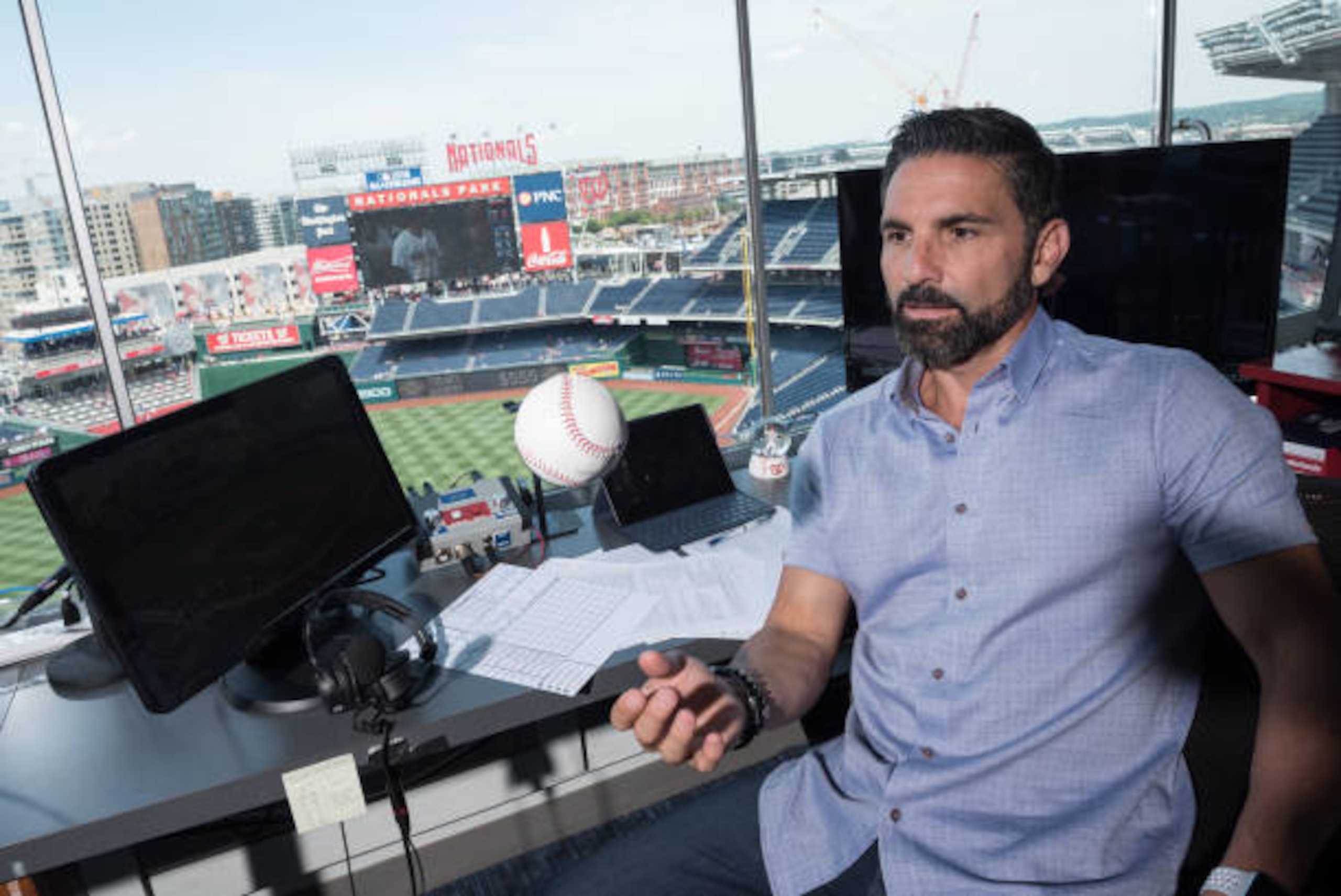 WASHINGTON, DC - JUNE 29: (FOR MAGAZINE) F.P. Santangelo, color analyst for the Washington Nationals baseball team, sits for a Just Asking portrait in the stadium's broadcast booth on June 29, 2017 in Washington, D.C. (Photo by Joshua Yospyn/For The Washington Post via Getty Images)