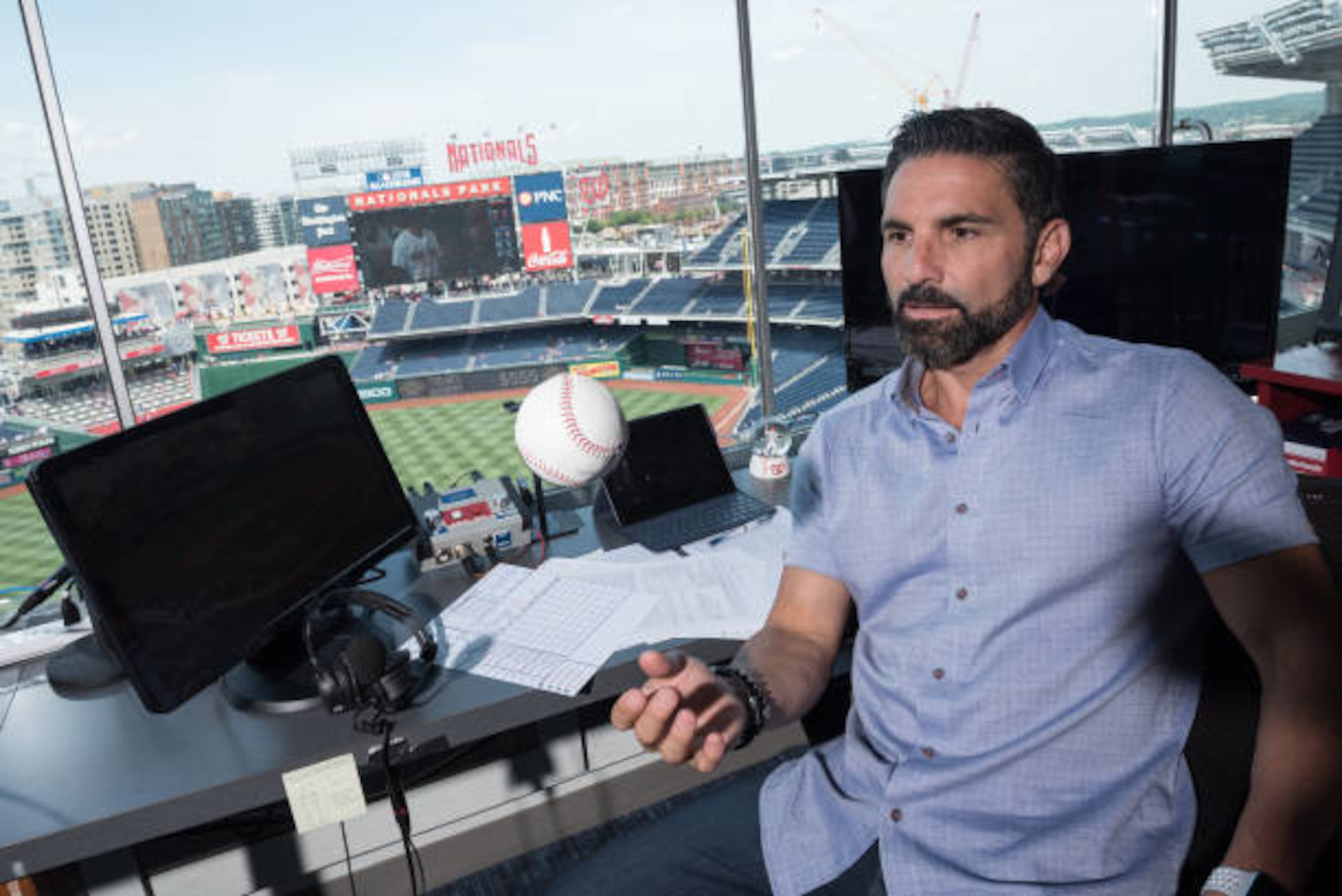 WASHINGTON, DC - JUNE 29: (FOR MAGAZINE) F.P. Santangelo, color analyst for the Washington Nationals baseball team, sits for a Just Asking portrait in the stadium's broadcast booth on June 29, 2017 in Washington, D.C. (Photo by Joshua Yospyn/For The Washington Post via Getty Images)