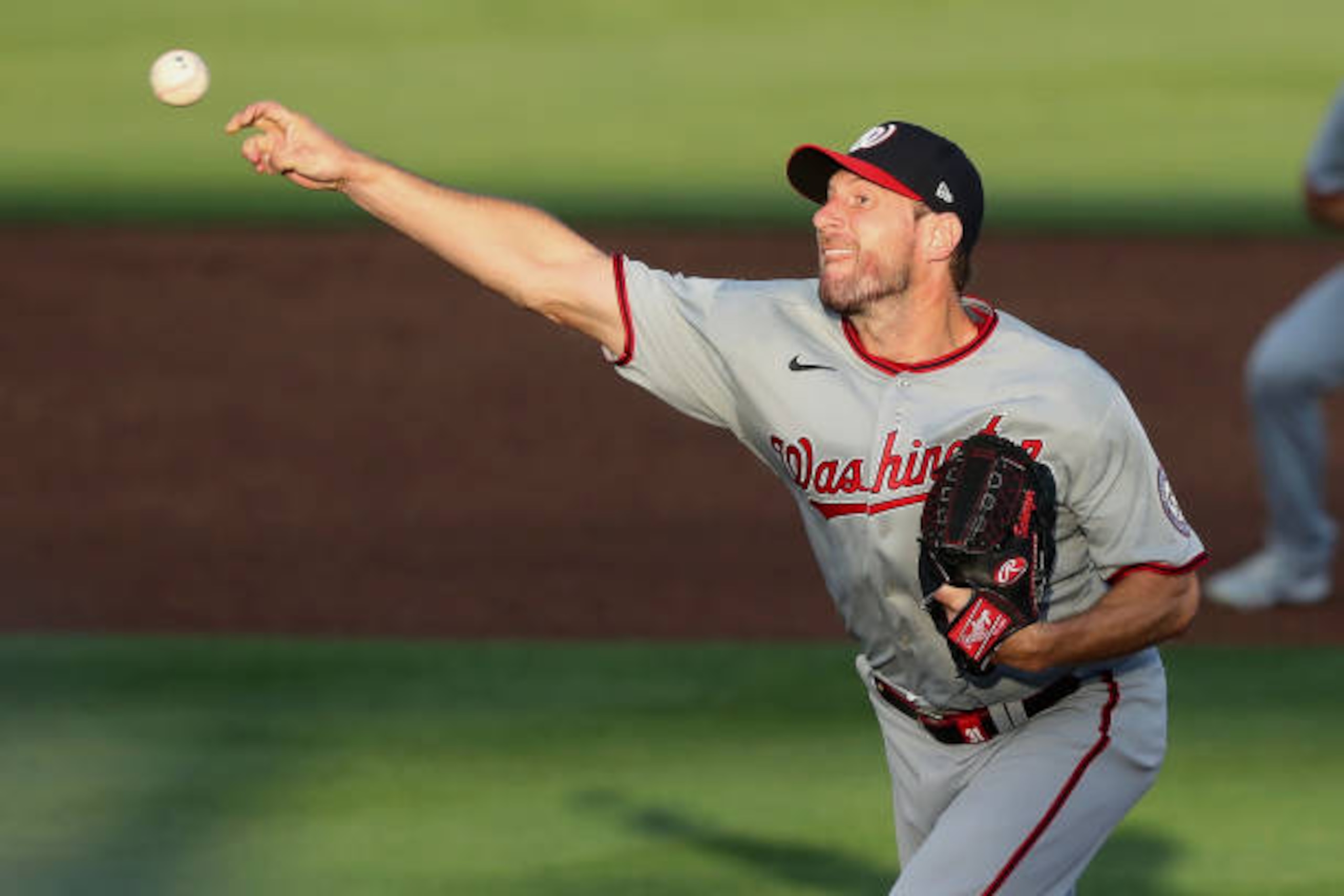 DUNEDIN, FL - APRIL 27: Max Scherzer (31) of the Nationals delivers a pitch to the plate during the regular season game between the Washington Nationals and the Toronto Blue Jays on April 27, 2021, at TD Ballpark in Dunedin, FL. (Photo by Cliff Welch/Icon Sportswire via Getty Images)