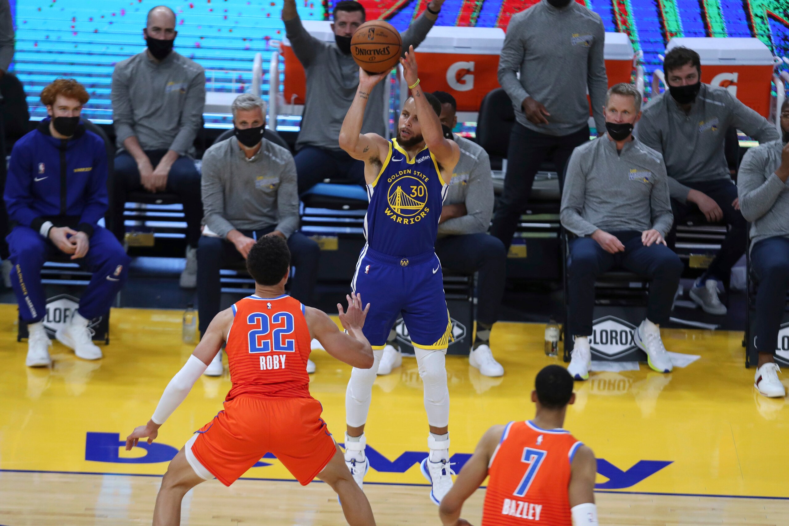 Golden State Warriors' Stephen Curry, center, shoots a 3-pointer against Oklahoma City Thunder's Isaiah Roby during the first half of an NBA basketball game in San Francisco, Saturday, May 8, 2021. (AP Photo/Jed Jacobsohn) Golden State Warriors' Stephen Curry, center, shoots a 3-pointer against Oklahoma City Thunder's Isaiah Roby during the first half of an NBA basketball game in San Francisco, Saturday, May 8, 2021. (AP Photo/Jed Jacobsohn)