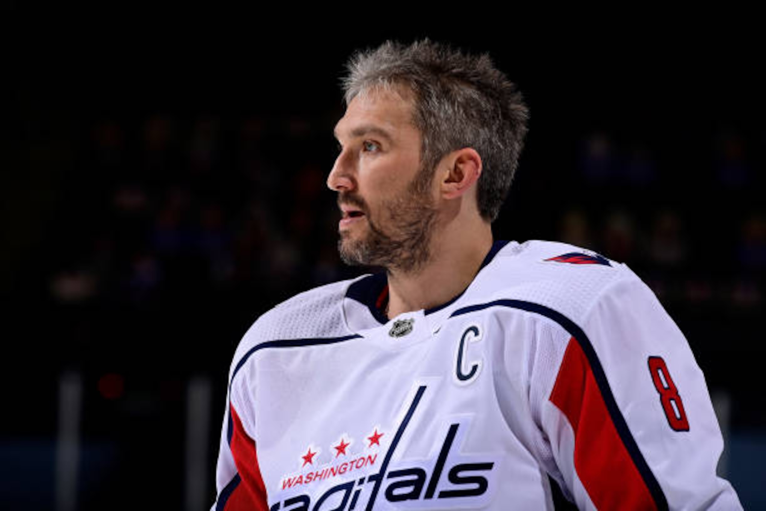 UNIONDALE, NEW YORK - APRIL 22: Alex Ovechkin #8 of the Washington Capitals sjates during warm-ups prior to the game against the New York Islanders at Nassau Coliseum on April 22, 2021 in Uniondale, New York. (Photo by Steven Ryan/NHLI via Getty Images)