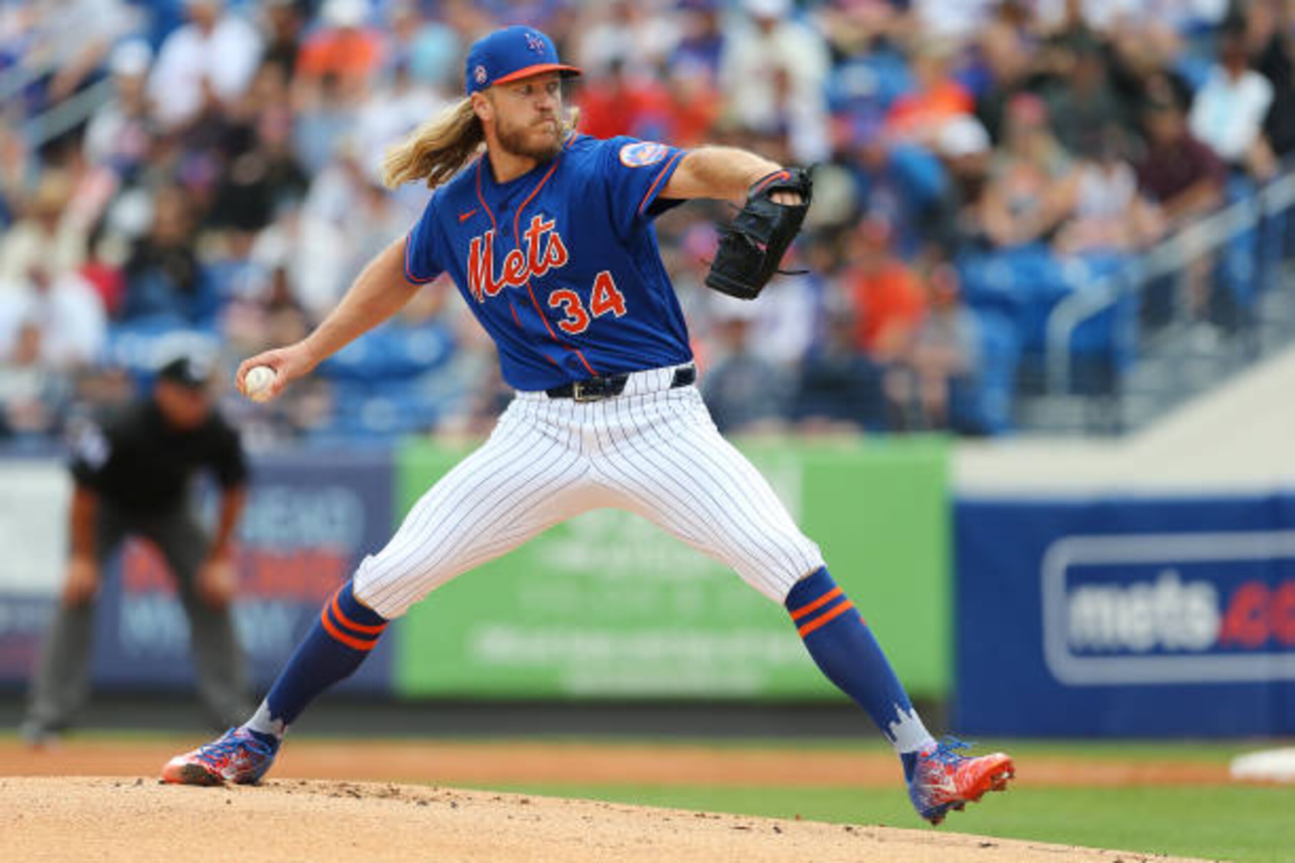 PORT ST. LUCIE, FL - MARCH 08: Noah Syndergaard #34 of the New York Mets in action against the Houston Astros during a spring training baseball game at Clover Park on March 8, 2020 in Port St. Lucie, Florida. The Mets defeated the Astros 3-1. (Photo by Rich Schultz/Getty Images)