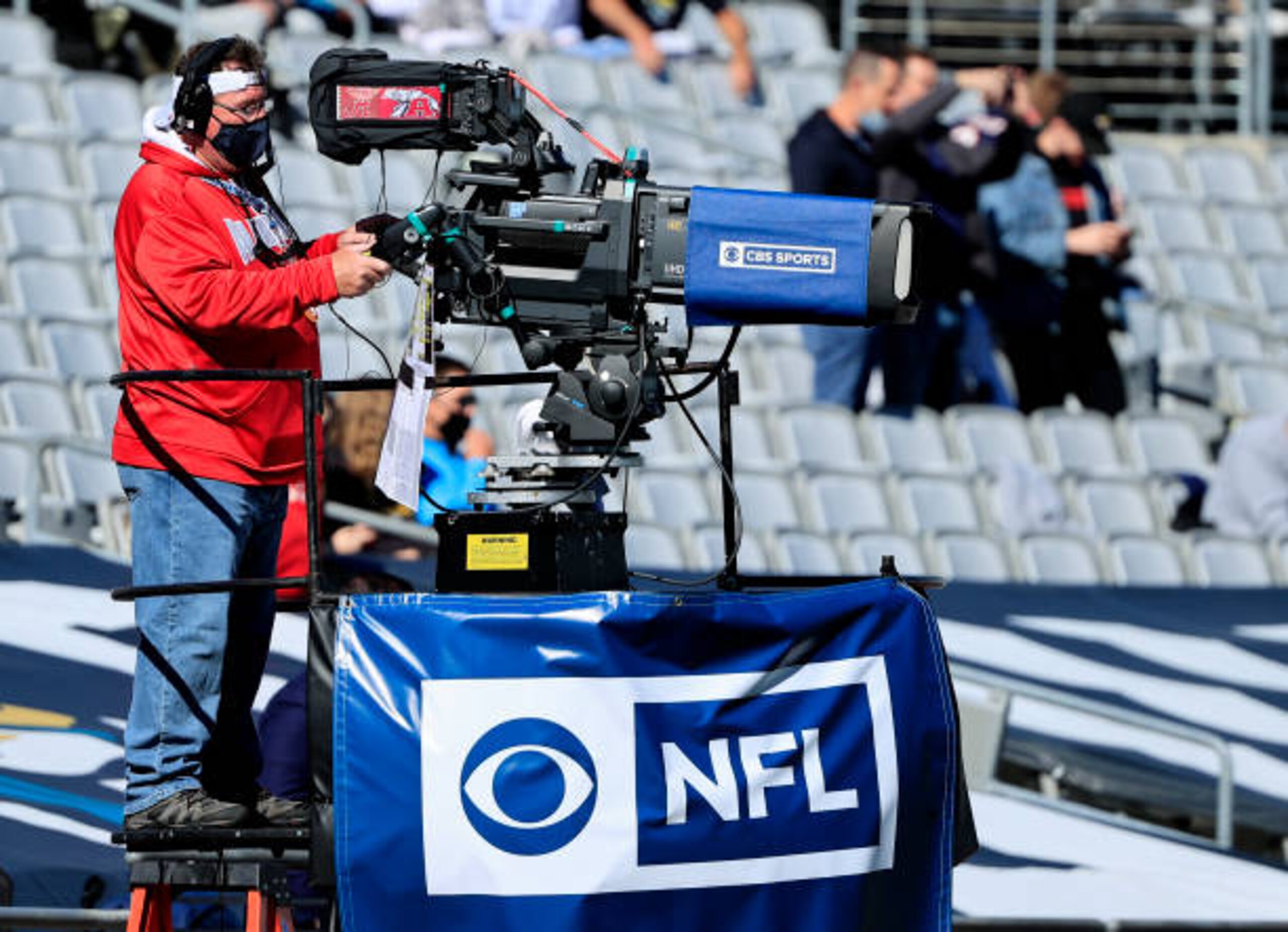 JACKSONVILLE, FLORIDA - DECEMBER 27: A CBS camera man films the game between the Chicago Bears and the Jacksonville Jaguars wearing a mask at TIAA Bank Field on December 27, 2020 in Jacksonville, Florida. (Photo by Sam Greenwood/Getty Images) JACKSONVILLE, FLORIDA - DECEMBER 27: A CBS camera man films the game between the Chicago Bears and the Jacksonville Jaguars wearing a mask at TIAA Bank Field on December 27, 2020 in Jacksonville, Florida. (Photo by Sam Greenwood/Getty Images)