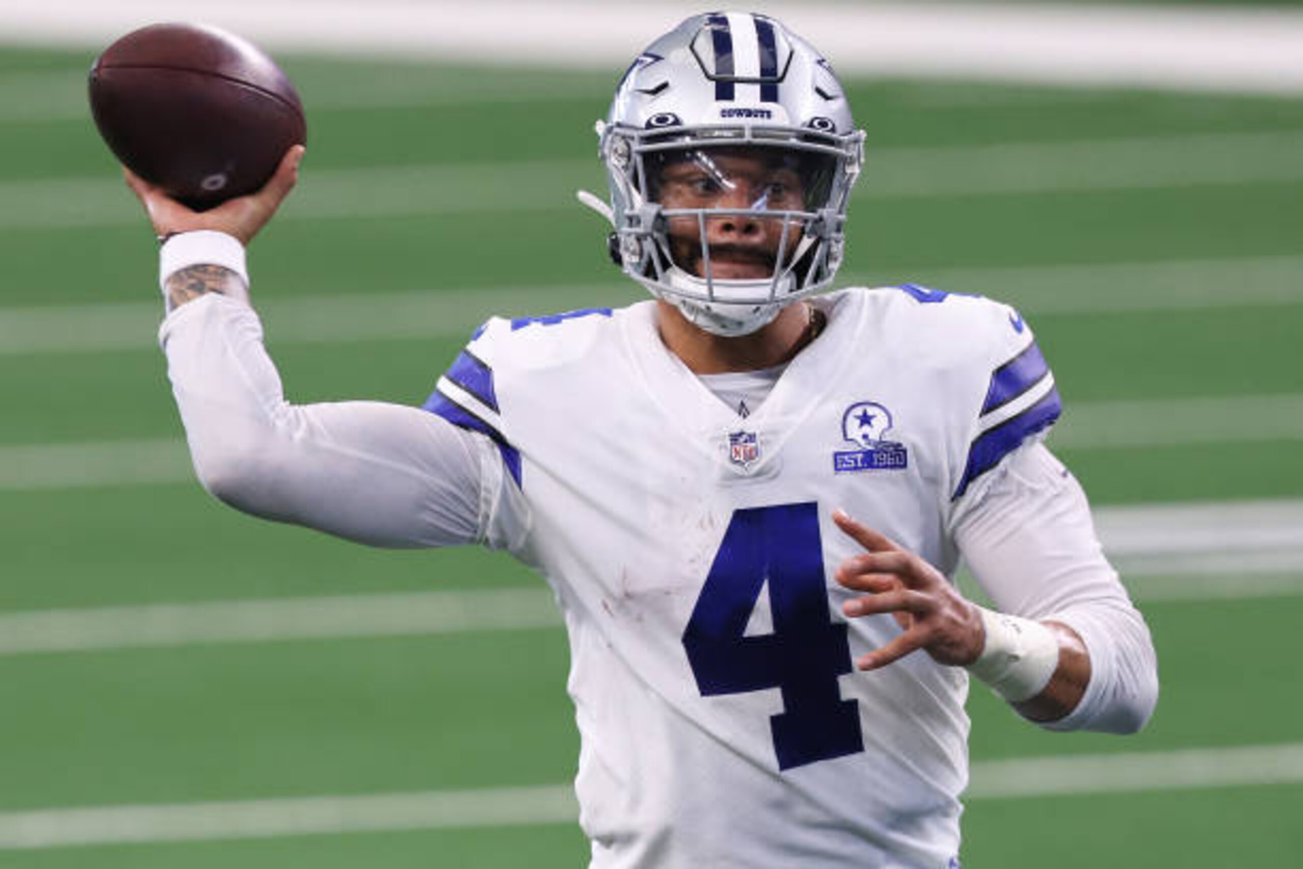 ARLINGTON, TEXAS - OCTOBER 11: Dak Prescott #4 of the Dallas Cowboys attempts a pass against the New York Giants during the second quarter at AT&T Stadium on October 11, 2020 in Arlington, Texas. (Photo by Tom Pennington/Getty Images) ARLINGTON, TEXAS - OCTOBER 11: Dak Prescott #4 of the Dallas Cowboys attempts a pass against the New York Giants during the second quarter at AT&T Stadium on October 11, 2020 in Arlington, Texas. (Photo by Tom Pennington/Getty Images)