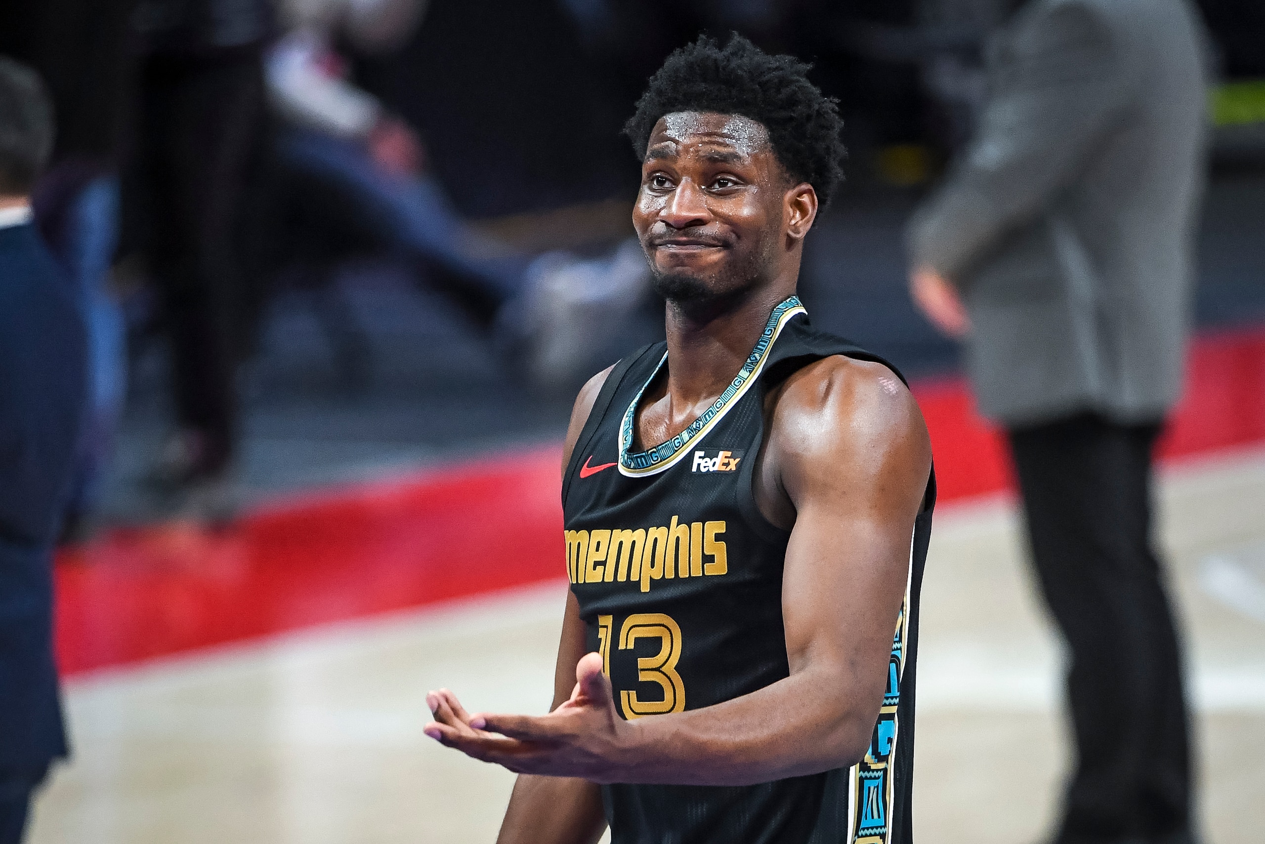 DETROIT, MICHIGAN - MAY 06: Jaren Jackson Jr. #13 of the Memphis Grizzlies reacts against the Detroit Pistons after the game at Little Caesars Arena on May 06, 2021 in Detroit, Michigan. NOTE TO USER: User expressly acknowledges and agrees that, by downloading and or using this photograph, User is consenting to the terms and conditions of the Getty Images License Agreement. (Photo by Nic Antaya/Getty Images)