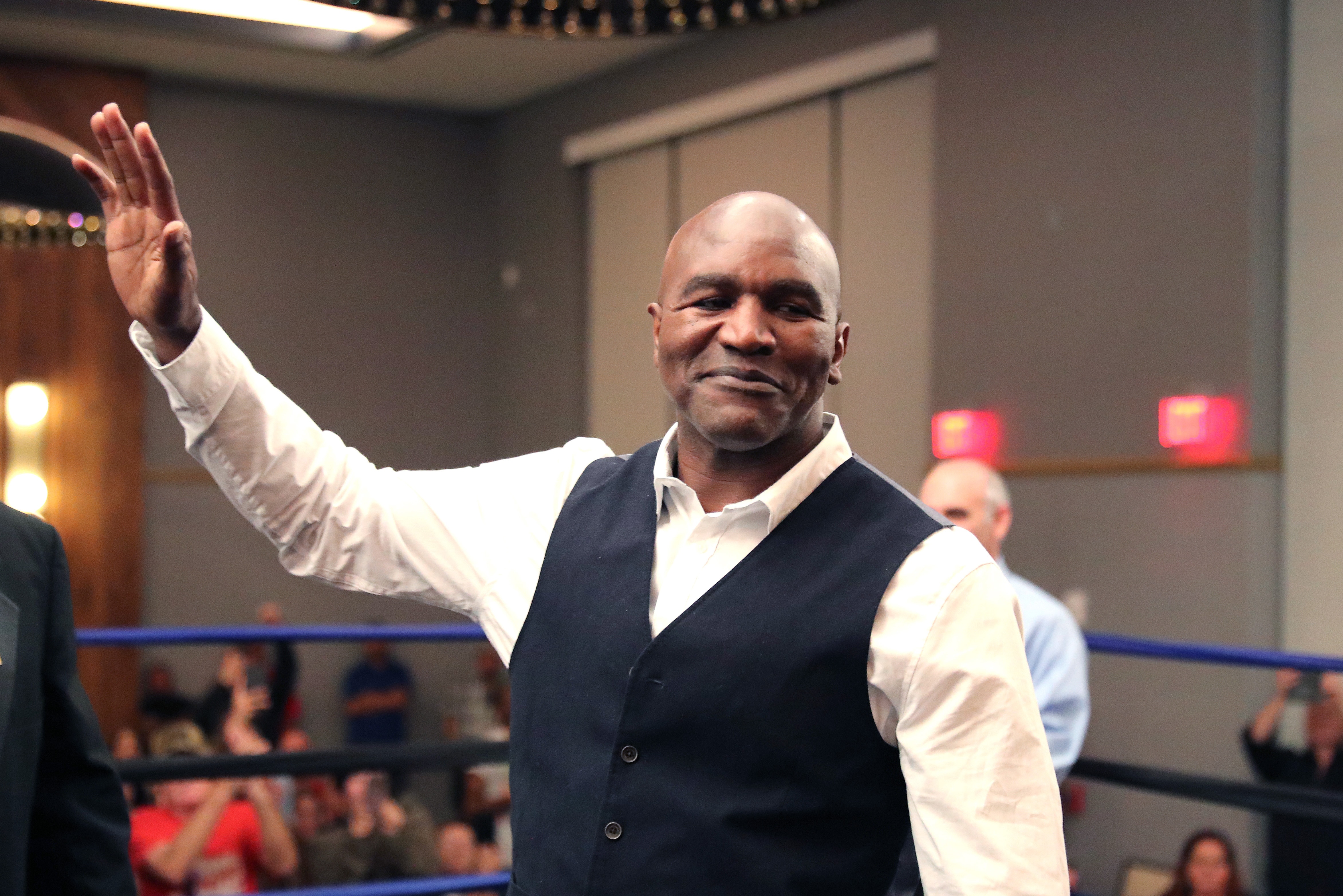 DAYTONA BEACH, FL - FEBRUARY 08: Evander Holyfield gestures during the Evan Holyfield v Travis Nero boxing match at Hard Rock Hotel Daytona on February 8, 2020 in Daytona Beach, Florida. (Photo by Alex Menendez/Getty Images)
