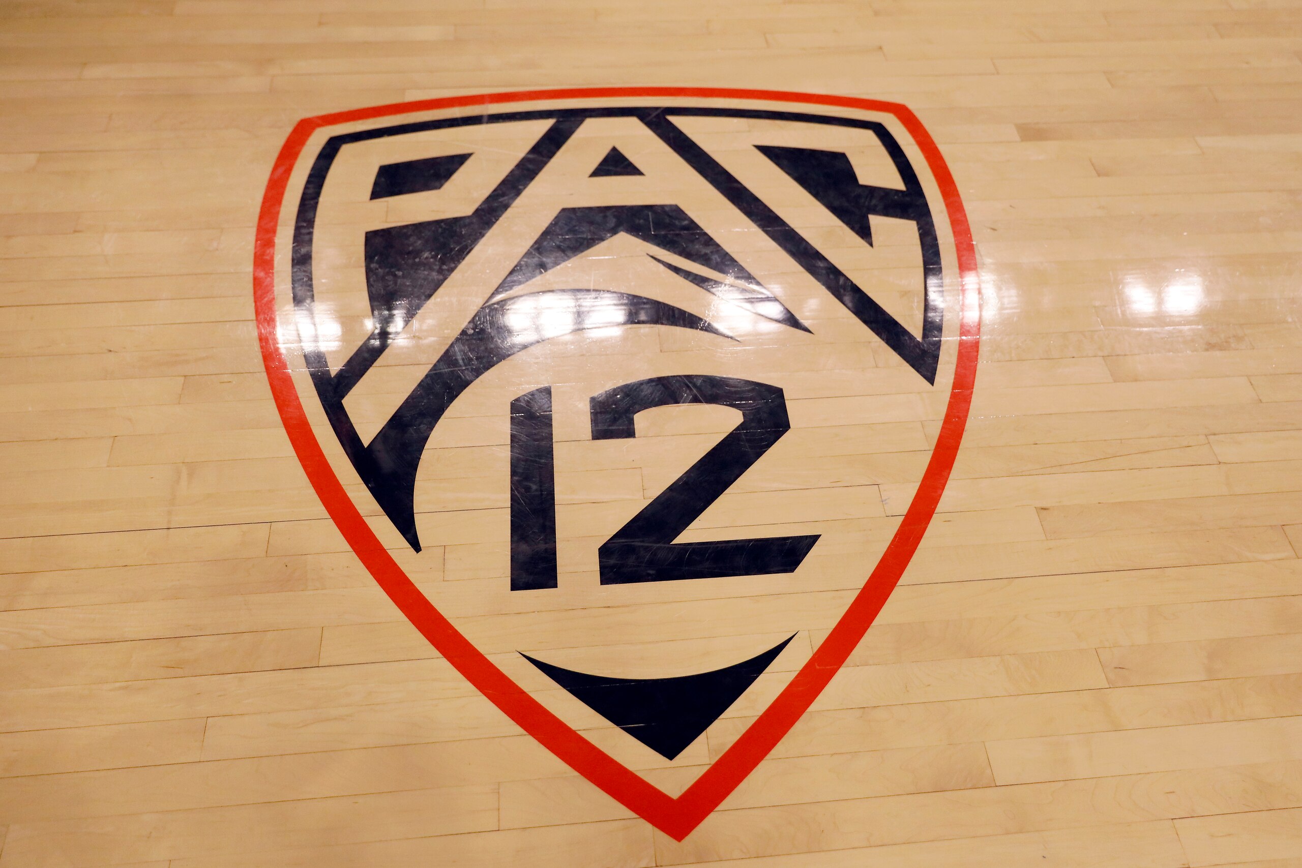 CORVALLIS, OREGON - FEBRUARY 15: The PAC 12 logo is seen on the court at Gill Coliseum prior to a game between the Oregon State Beavers and the Colorado Buffaloes on February 15, 2020 in Corvallis, Oregon. (Photo by Soobum Im/Getty Images)