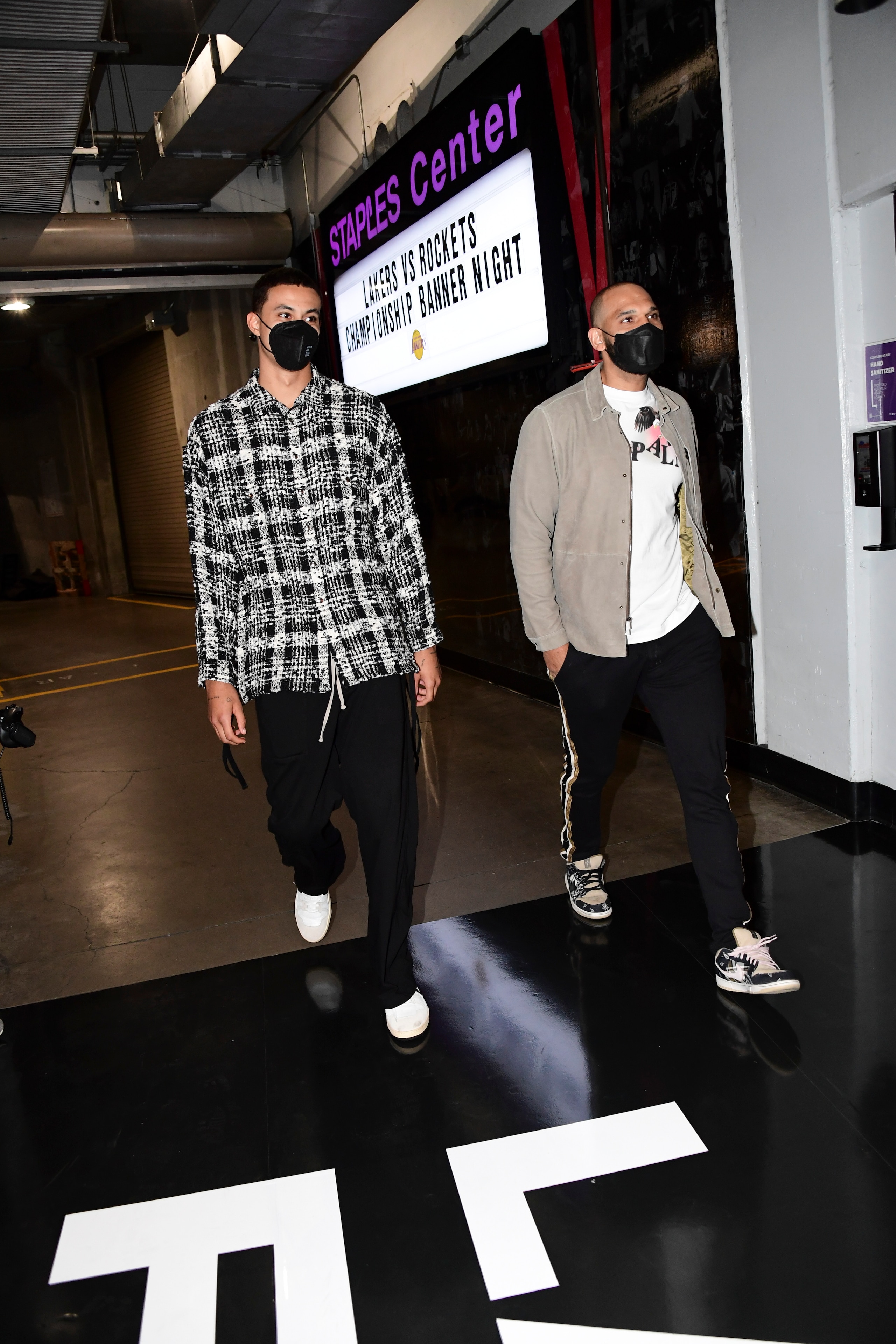 LOS ANGELES, CA - MAY 12: Kyle Kuzma #0 of the Los Angeles Lakers and Jared Dudley #10 of the Los Angeles Lakers arrive to the arena before the game against the Houston Rockets on May 12, 2021 at STAPLES Center in Los Angeles, California. NOTE TO USER: User expressly acknowledges and agrees that, by downloading and/or using this Photograph, user is consenting to the terms and conditions of the Getty Images License Agreement. Mandatory Copyright Notice: Copyright 2021 NBAE (Photo by Adam Pantozzi/NBAE via Getty Images) LOS ANGELES, CA - MAY 12: Kyle Kuzma #0 of the Los Angeles Lakers and Jared Dudley #10 of the Los Angeles Lakers arrive to the arena before the game against the Houston Rockets on May 12, 2021 at STAPLES Center in Los Angeles, California. NOTE TO USER: User expressly acknowledges and agrees that, by downloading and/or using this Photograph, user is consenting to the terms and conditions of the Getty Images License Agreement. Mandatory Copyright Notice: Copyright 2021 NBAE (Photo by Adam Pantozzi/NBAE via Getty Images)
