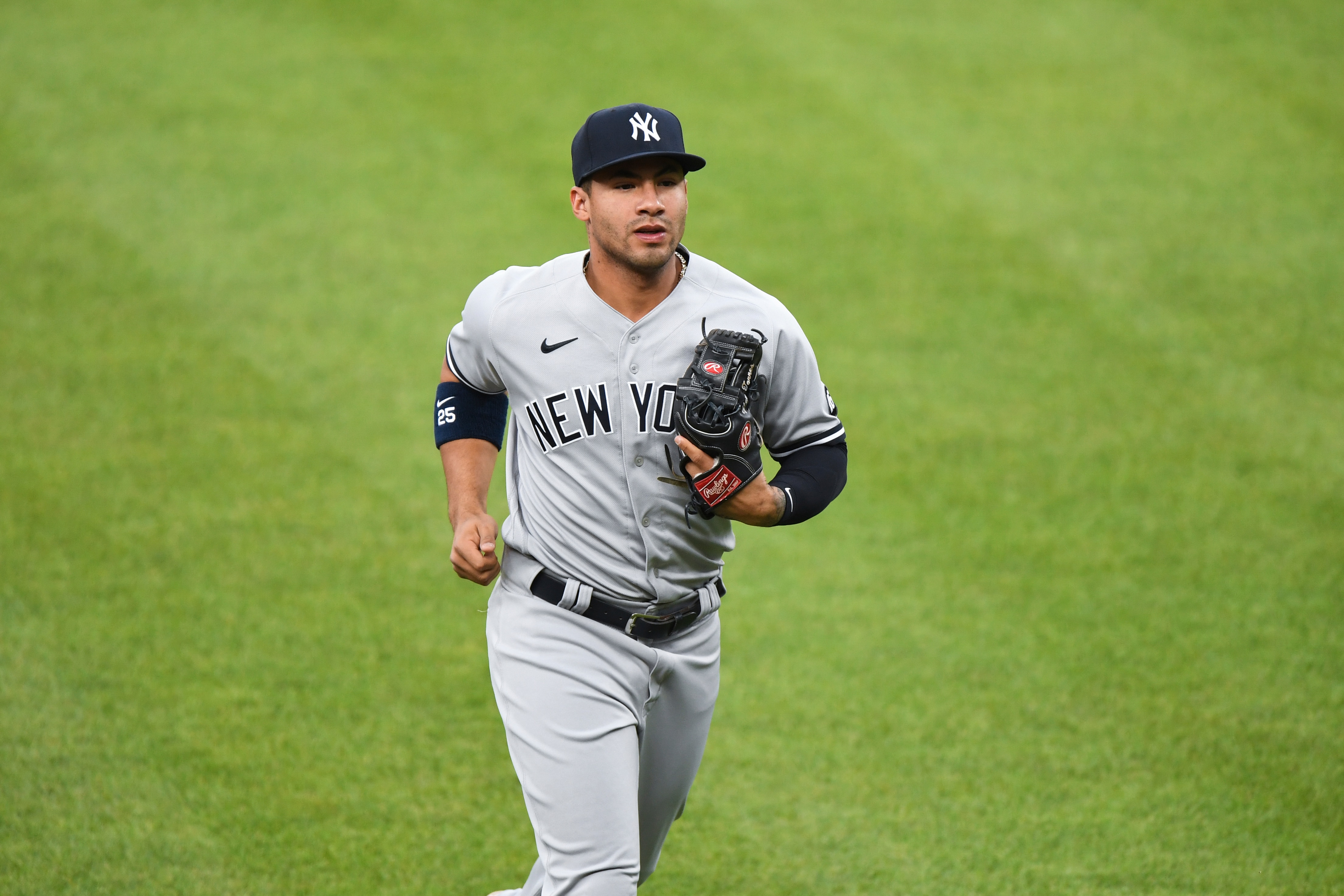 New York Yankees shortstop Gleyber Torres jogs off the field at the end of the first-inning during a baseball game against the New York Yankees Tuesday, April 27, 2021, in Baltimore. (AP Photo/Terrance Williams)