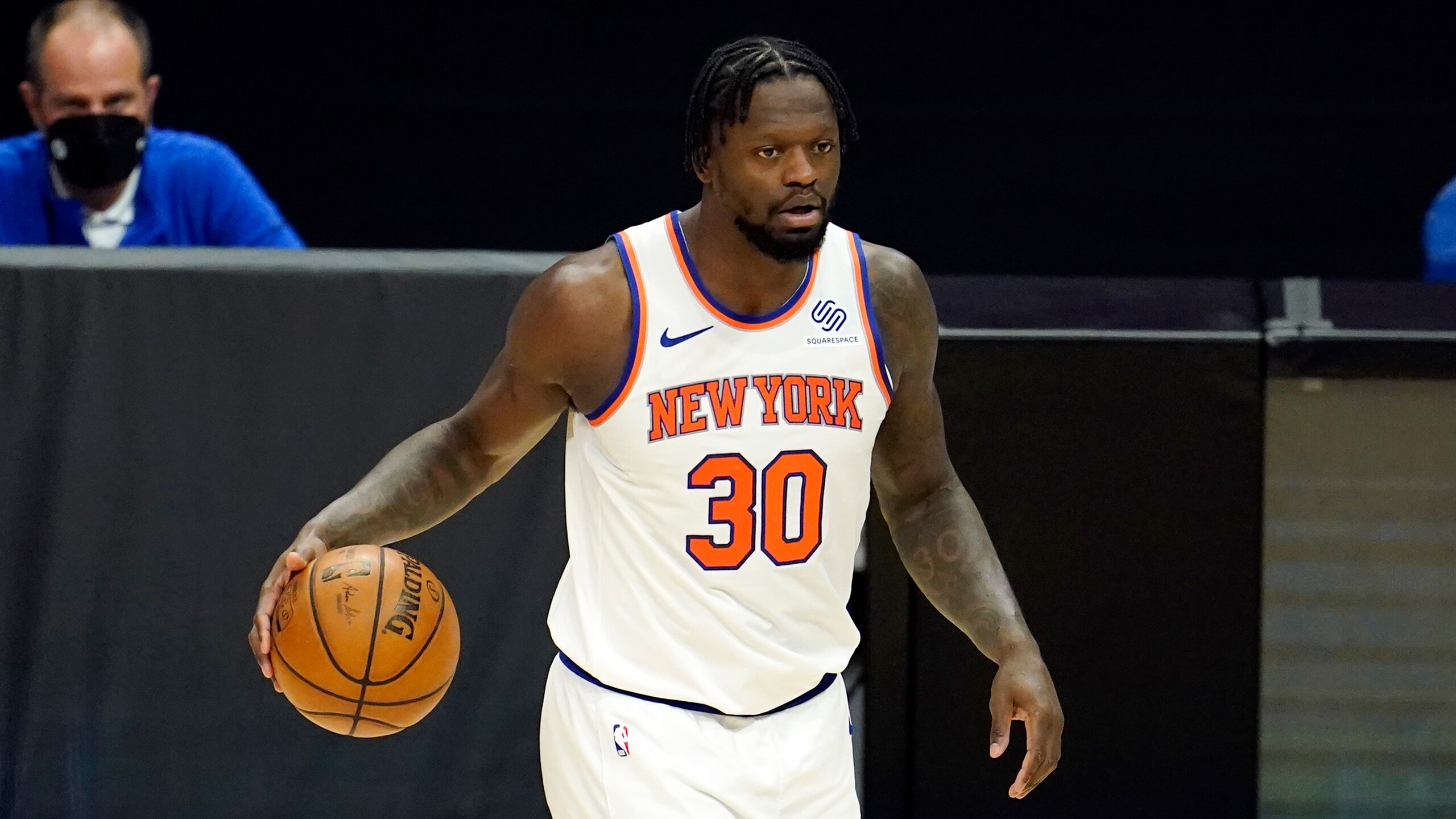 New York Knicks forward Julius Randle dribbles during an NBA basketball game against the Los Angeles Clippers Sunday, May 9, 2021, in Los Angeles. (AP Photo/Marcio Jose Sanchez) New York Knicks forward Julius Randle dribbles during an NBA basketball game against the Los Angeles Clippers Sunday, May 9, 2021, in Los Angeles. (AP Photo/Marcio Jose Sanchez)