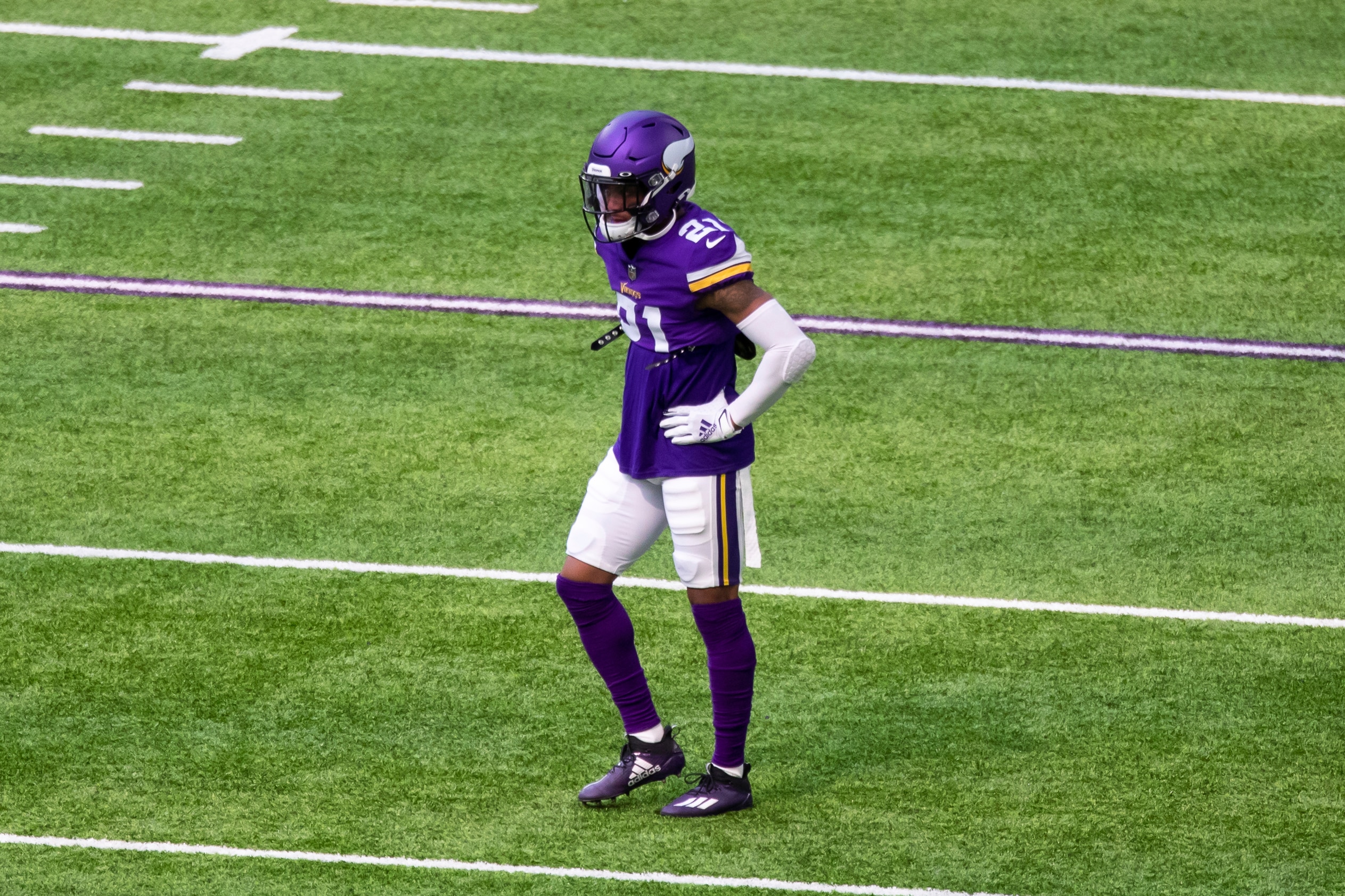 Minnesota Vikings cornerback Mike Hughes (21) looks on before the start of an NFL football game against the Green Bay Packers, Sunday, Sept. 13, 2020, in Minneapolis. The Packers defeated the Vikings 43-34. (AP Photo/David Berding)