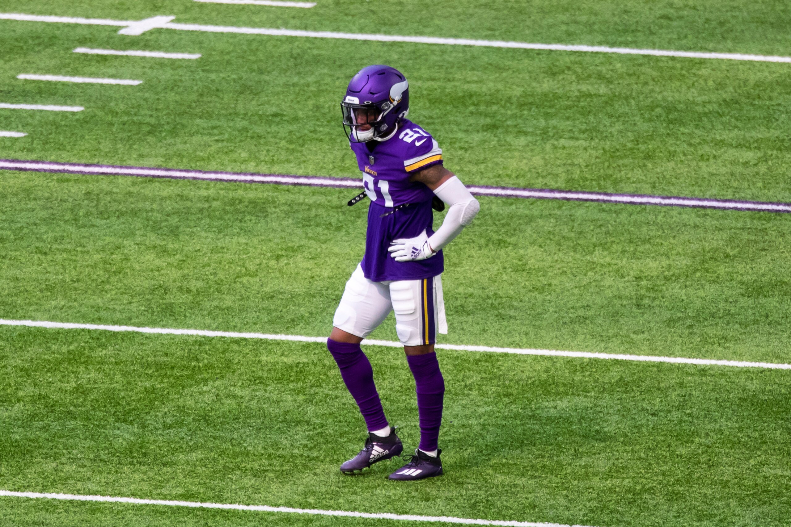 Minnesota Vikings cornerback Mike Hughes (21) looks on before the start of an NFL football game against the Green Bay Packers, Sunday, Sept. 13, 2020, in Minneapolis. The Packers defeated the Vikings 43-34. (AP Photo/David Berding)