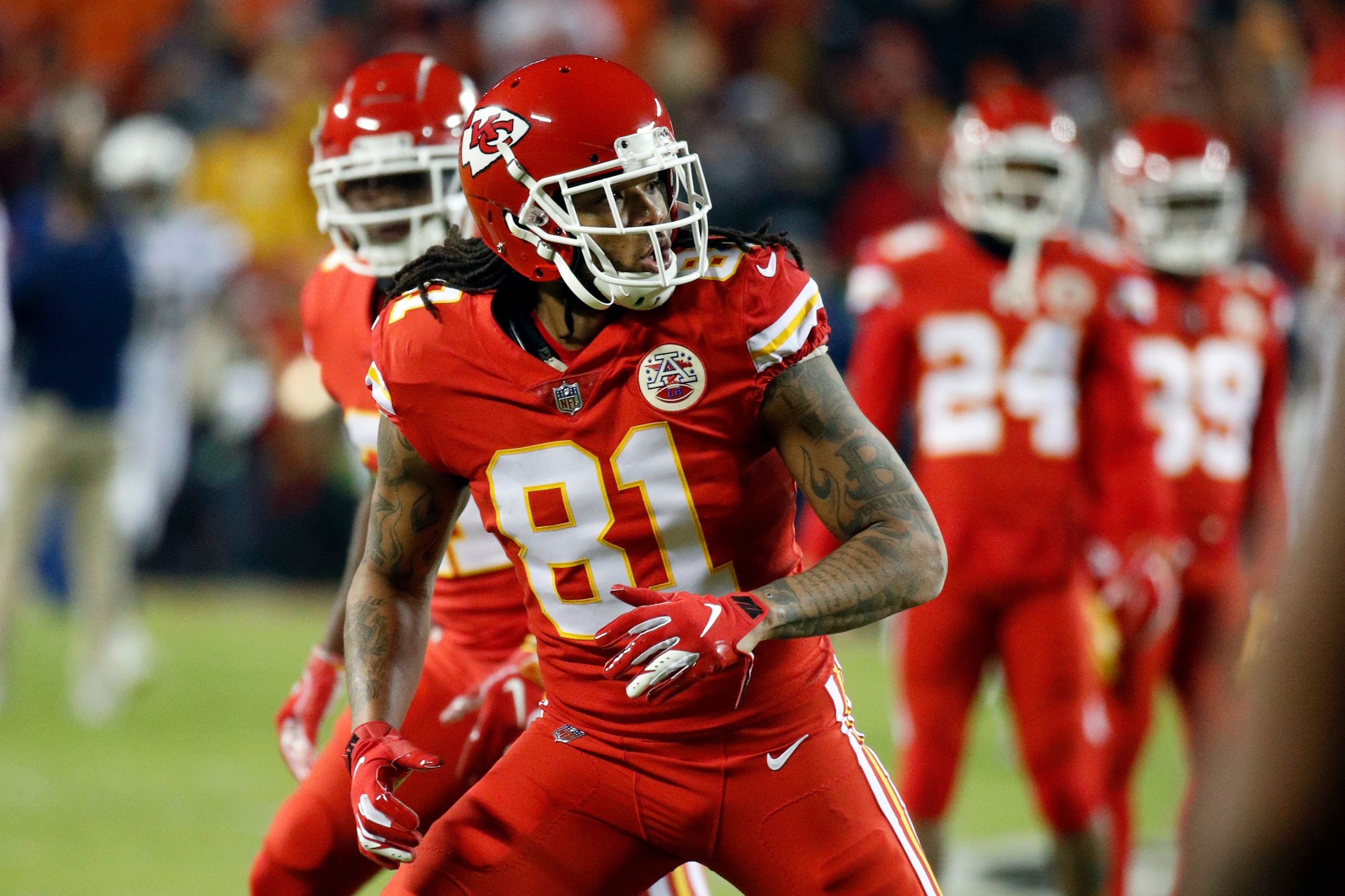 Kansas City Chiefs wide receiver Kelvin Benjamin (81) warms up before an NFL football game against the Los Angeles Chargers in Kansas City, Mo., Thursday, Dec. 13, 2018. (AP Photo/Charlie Riedel)