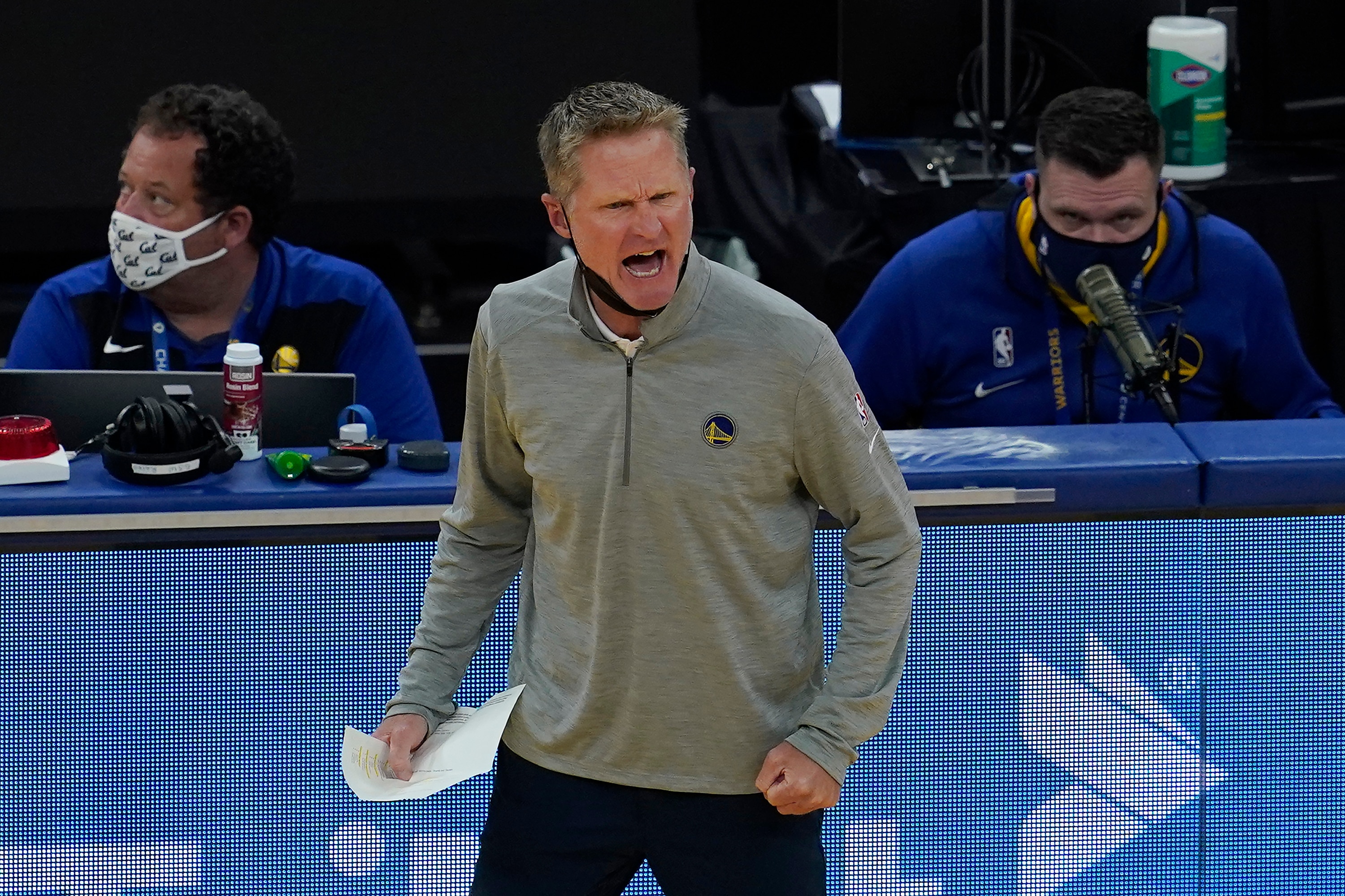 Golden State Warriors head coach Steve Kerr reacts during the first half of his team's NBA basketball game against the Phoenix Suns in San Francisco, Tuesday, May 11, 2021. (AP Photo/Jeff Chiu)